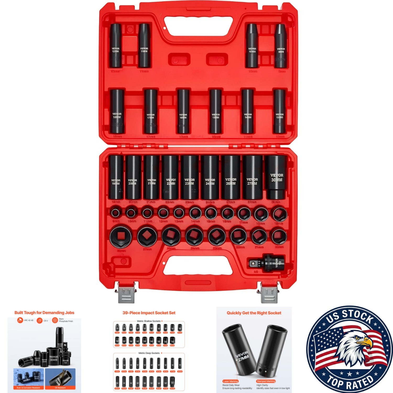 Compact 39-Piece Impact Socket Set – 6-Point Deep & Shallow with Carrying Case