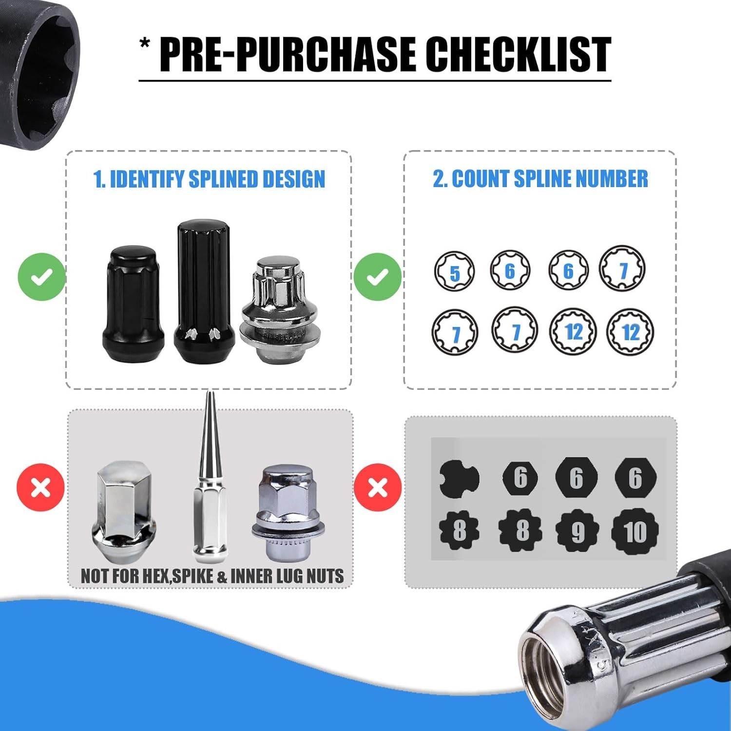 8 Piece Spline Lug Nut Socket Set for Easy Wheel Lock Removal & Compatibility