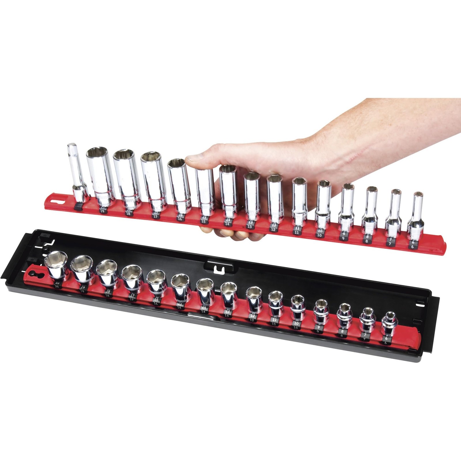 Socket Organizer 3/8 Drive 19 Inch 2 Rail Red Ernst 8453 Manufacturing Boss Tray