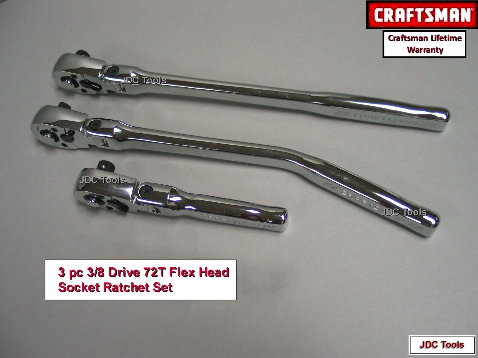 CRAFTSMAN 3 pc RATCHET SET 3/8 DRIVE ALL FLEX HEAD 72T – LONG – STUBBY – OFFSET