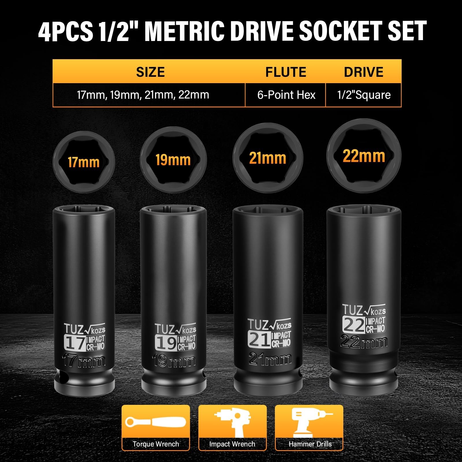 4-Piece 1/2″ Drive Deep Impact Socket Set – Metric 17mm 19mm 21mm 22mm, Cr-Mo, 6