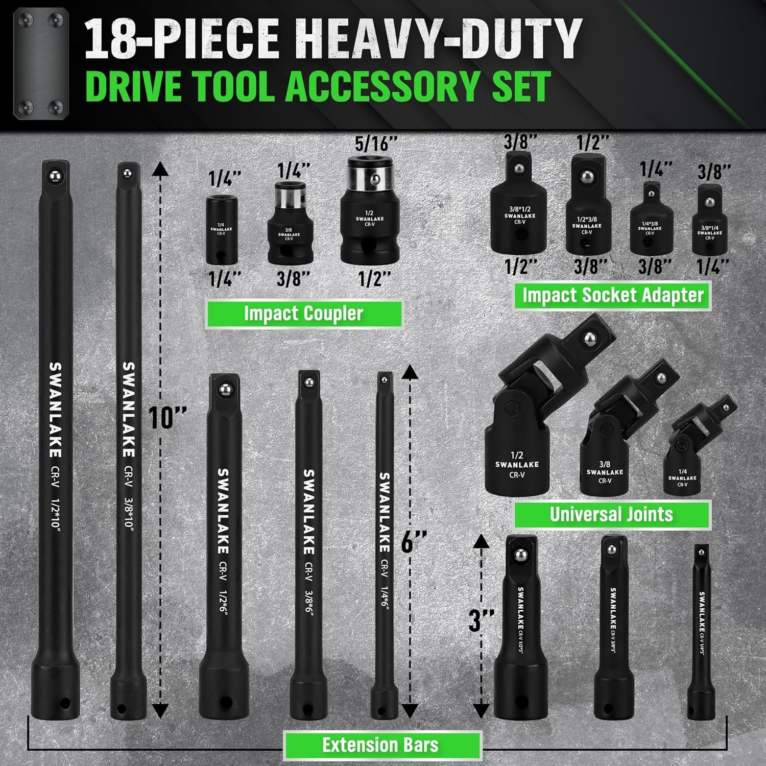 18-piece Impact Socket Extension Set Tools, Swivel Universal Joint, 18PCS