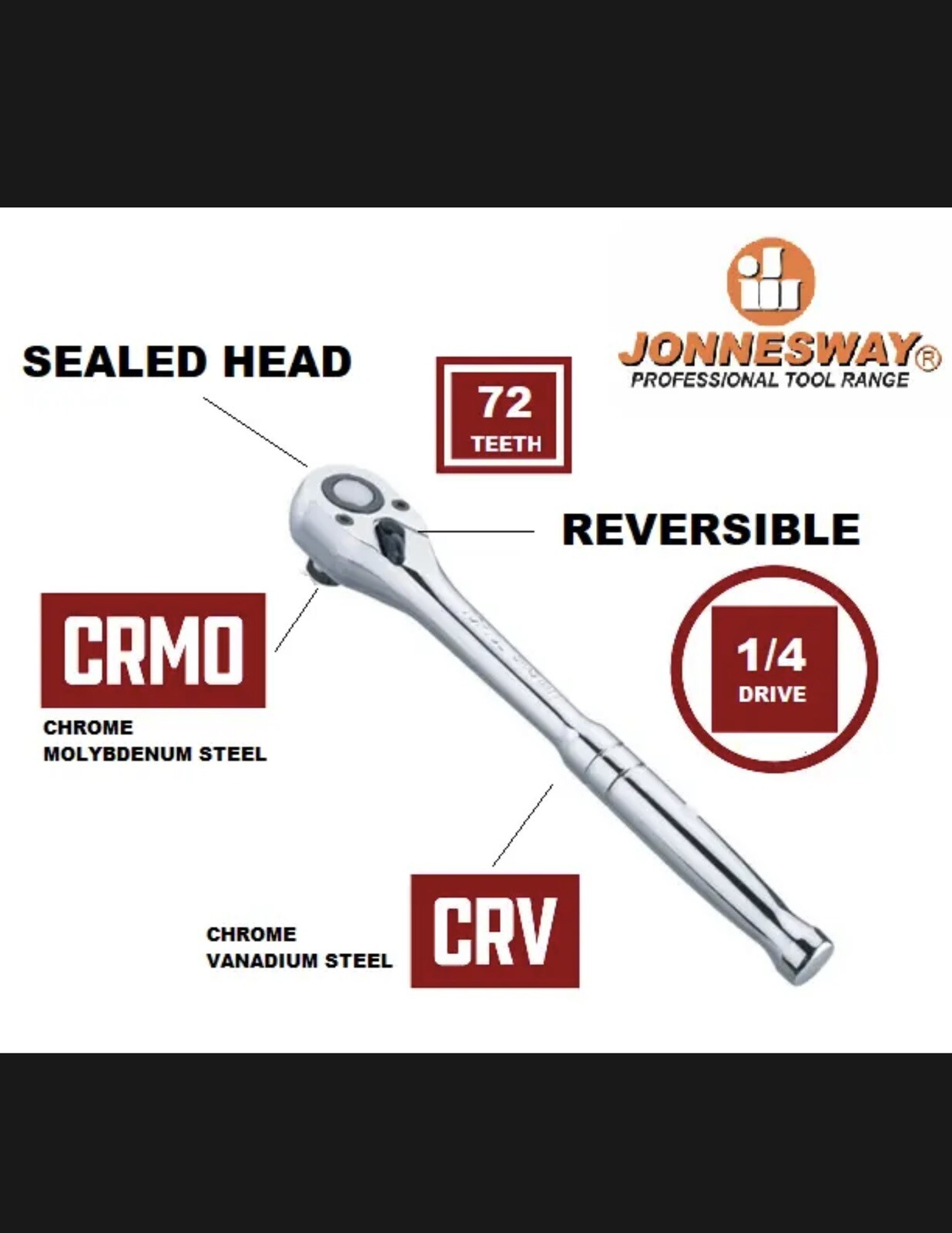 Jonnesway R4804A 1/2″ Dr 72 Tooth Professional Ratchet CR-V Steel Fully Polished