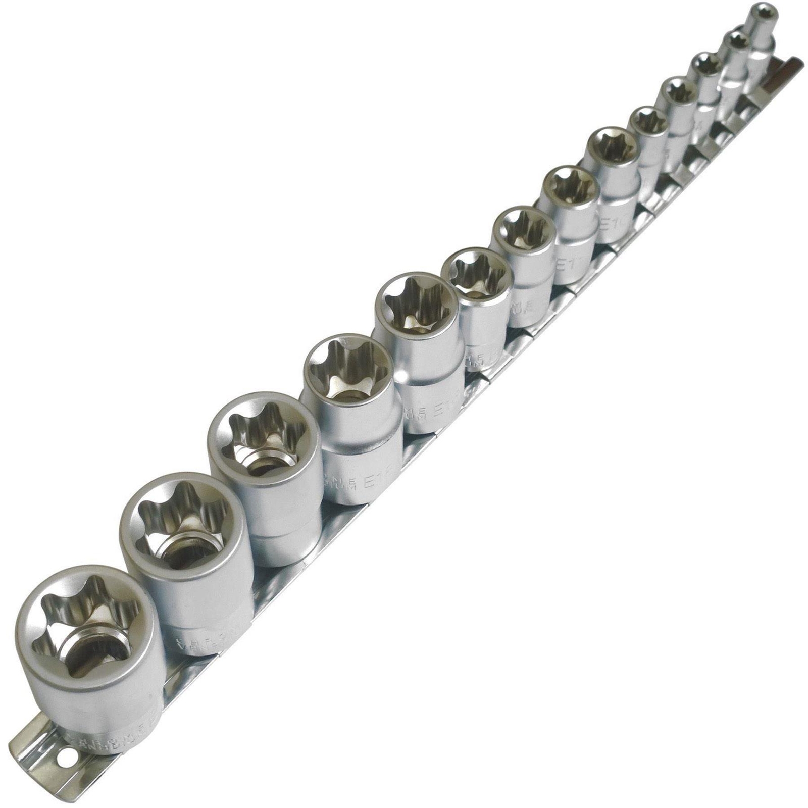 14Pc TX Star Socket Set E4 – E24 CRV Steel 1/2″, 1/4″ & 3/8″ Drive Storage Rail