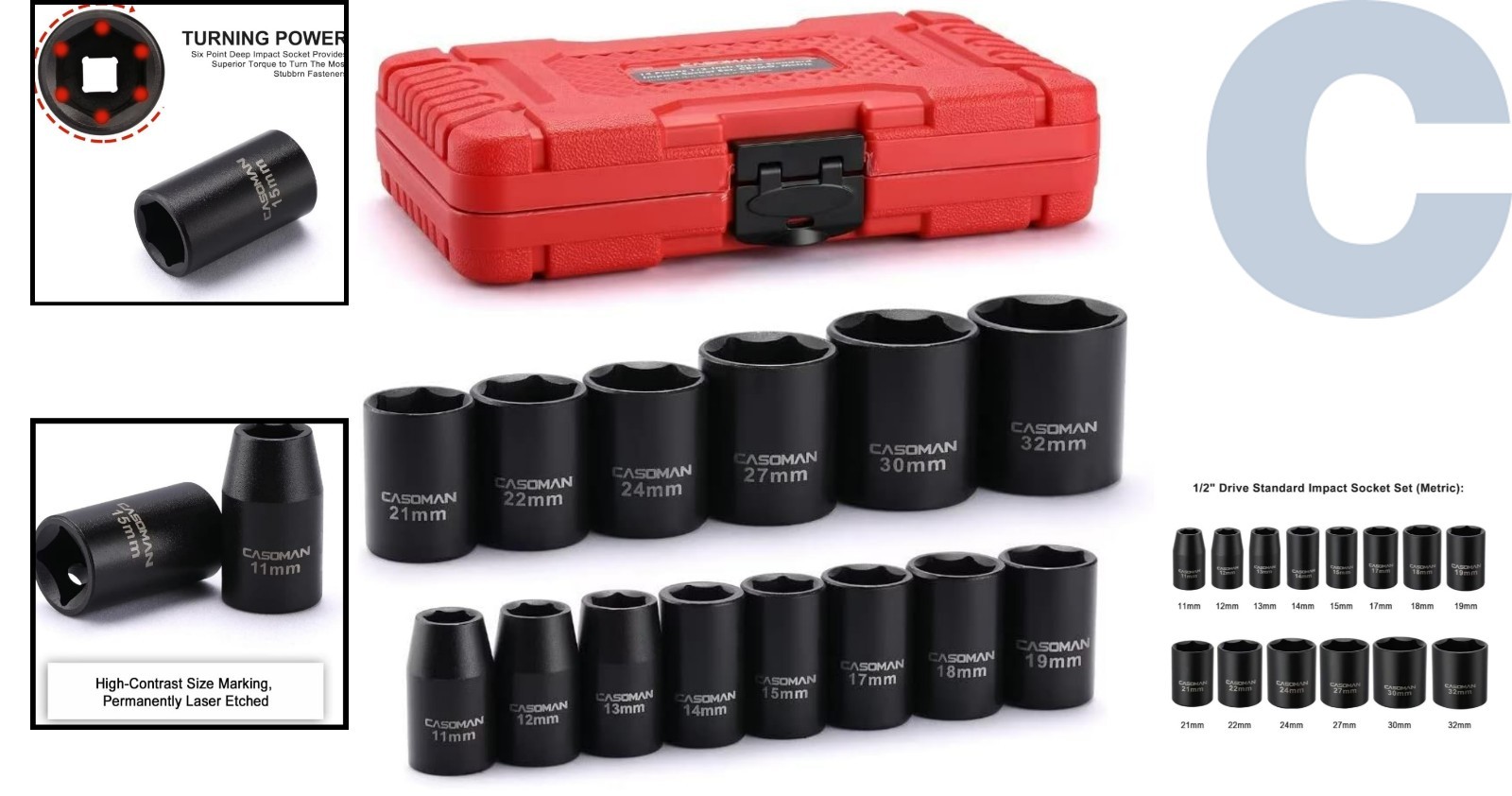 Professional 1/2-Inch Drive Shallow Impact Socket Set, 14 Pieces, ANSI Approved