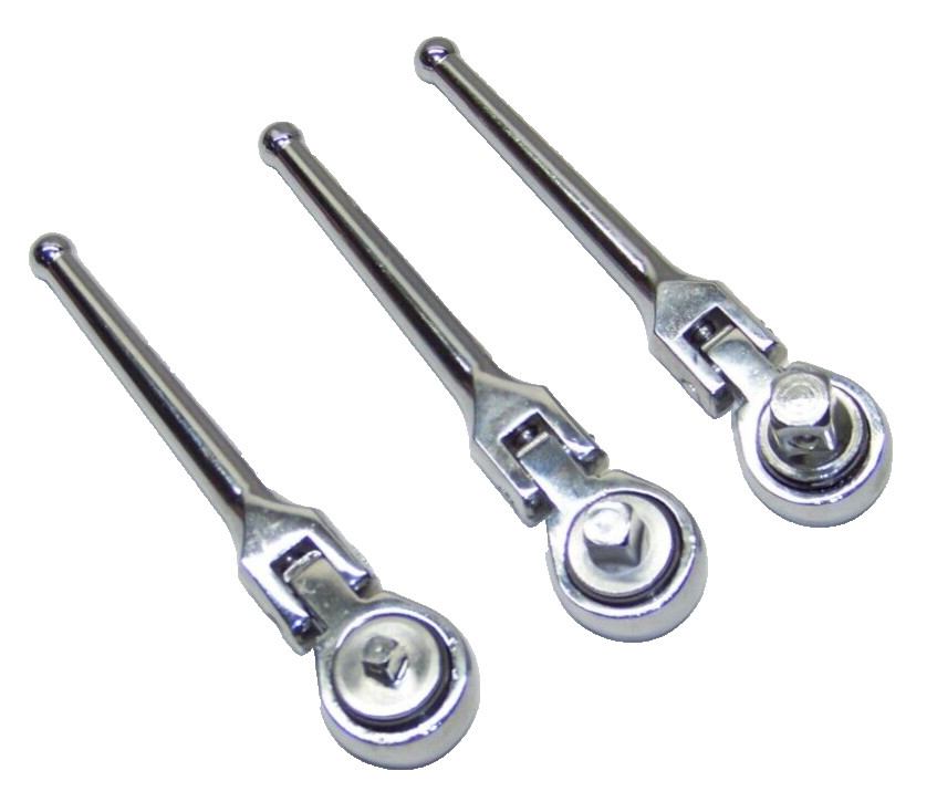3 pcs Flex Stubby Ratchet Wrench Handle Socket Set 1/4″ 3/8″ 1/2″ DR Reversible