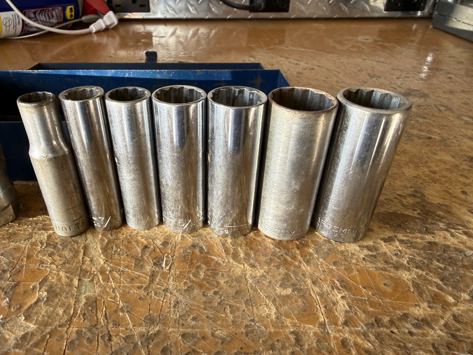 Craftsman USA 3/8 Drive Deep Socket Lot 12 Point Spark Plug Sockets Metal Case