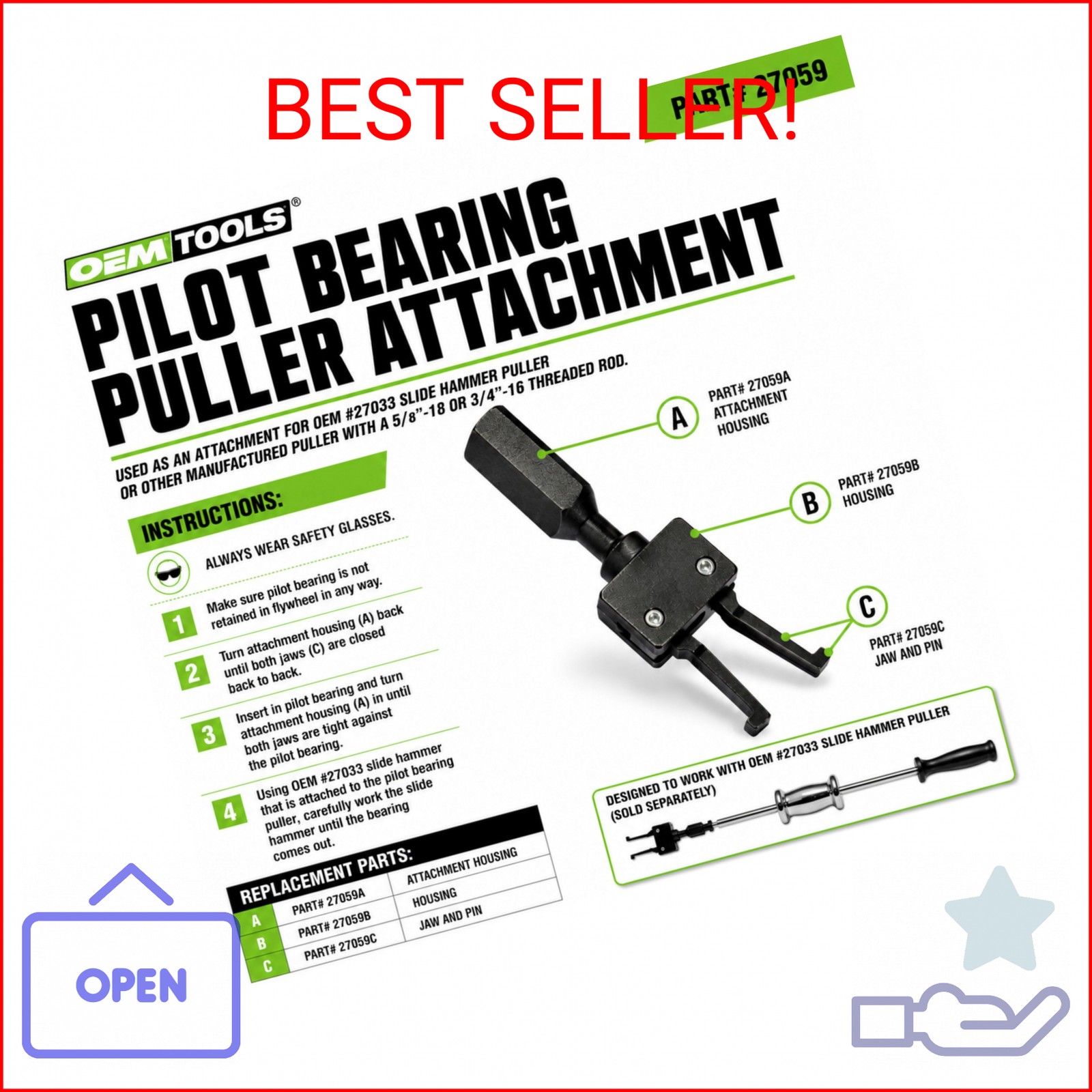 OEMTOOLS 27059 Pilot Bearing Puller Attachment For Slide Hammer, 2-Jaw Puller Pi