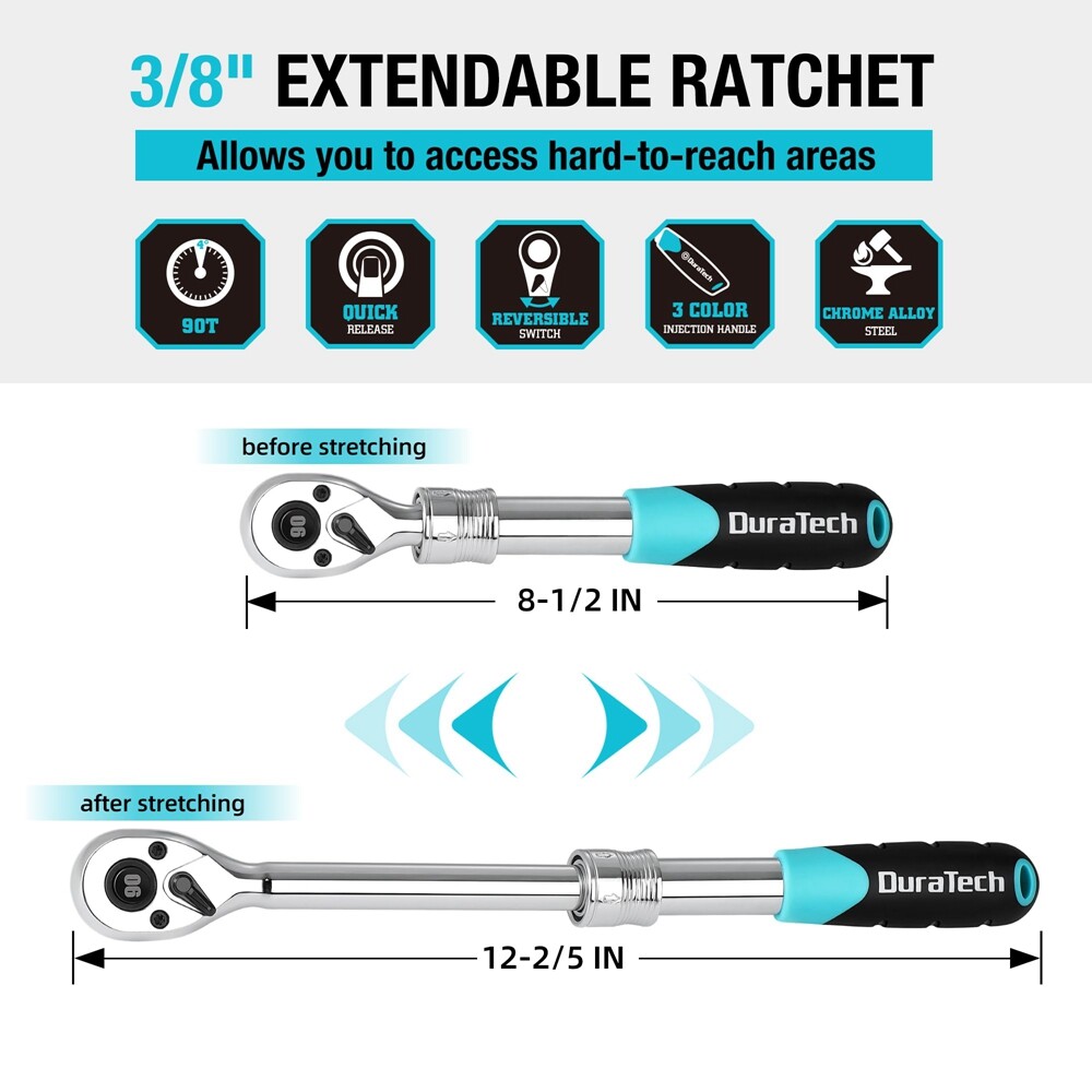 DURATECH 3/8″ Drive Ratchet 90-Tooth Quick-release Extendable Ratchet 4 Sections