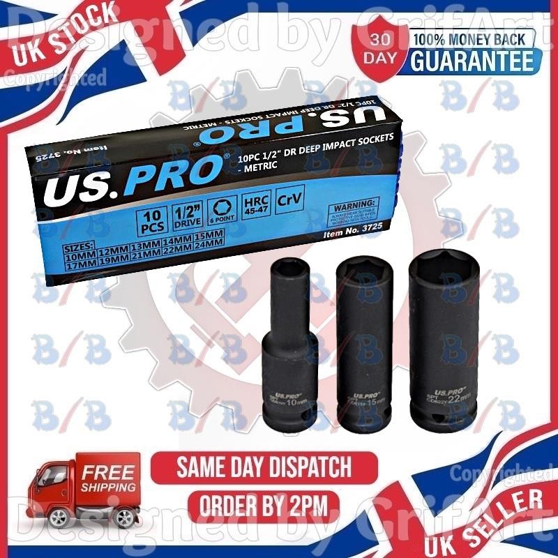 US PRO 10PC DEEP IMPACT SOCKET SET 1/2″ DRIVE 6PT METRIC CR-V LONG REACH WRENCH