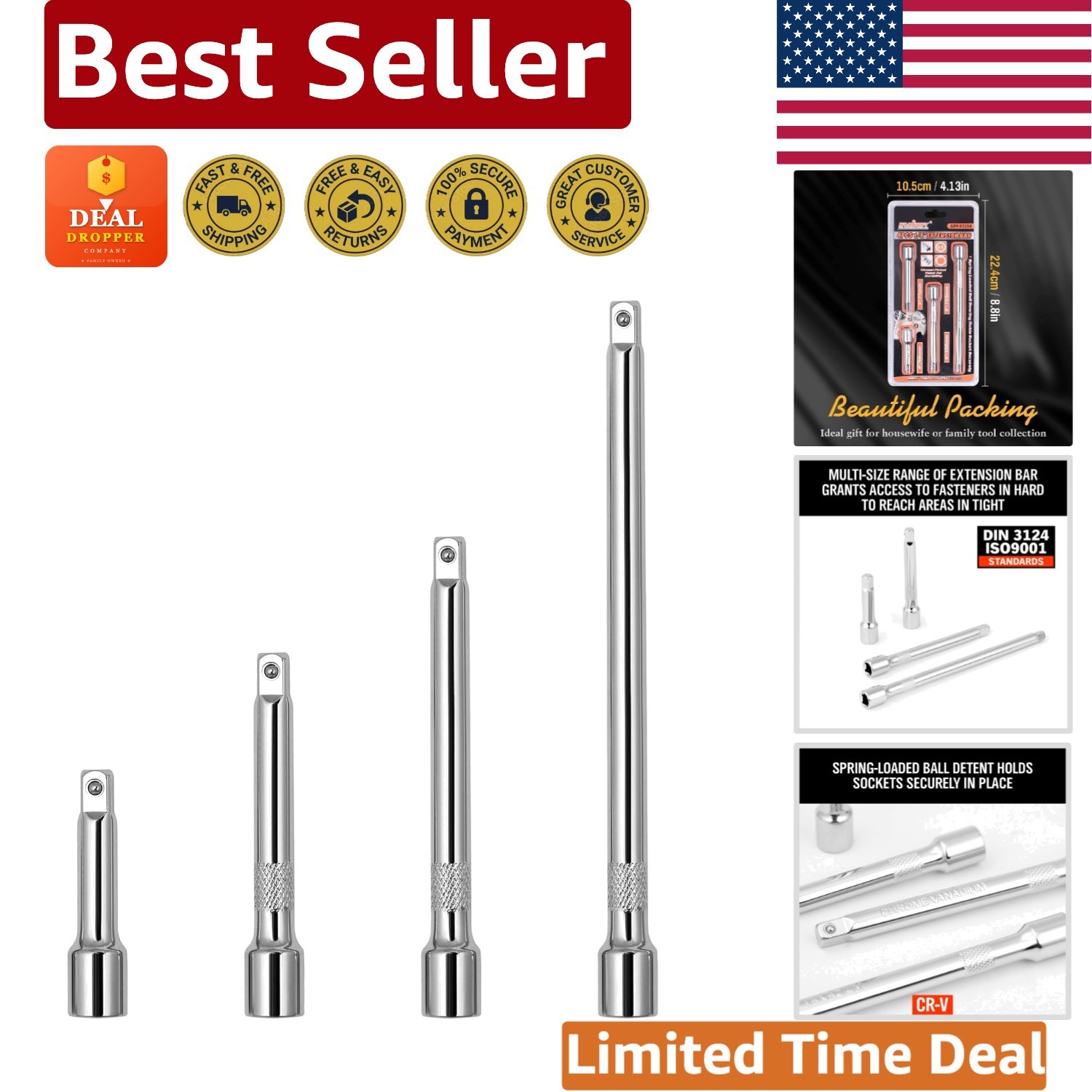 Durable 1/4″ (4PCS) Socket Extension Bar Set – Ideal for Hard-to- Areas