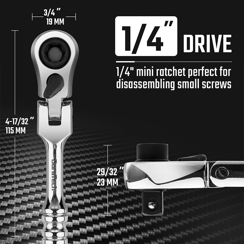 Ratchet Handle Socket Wrench 1/4″ Drive 72 Tooth Flexi Head Stubby 115mm Rounded