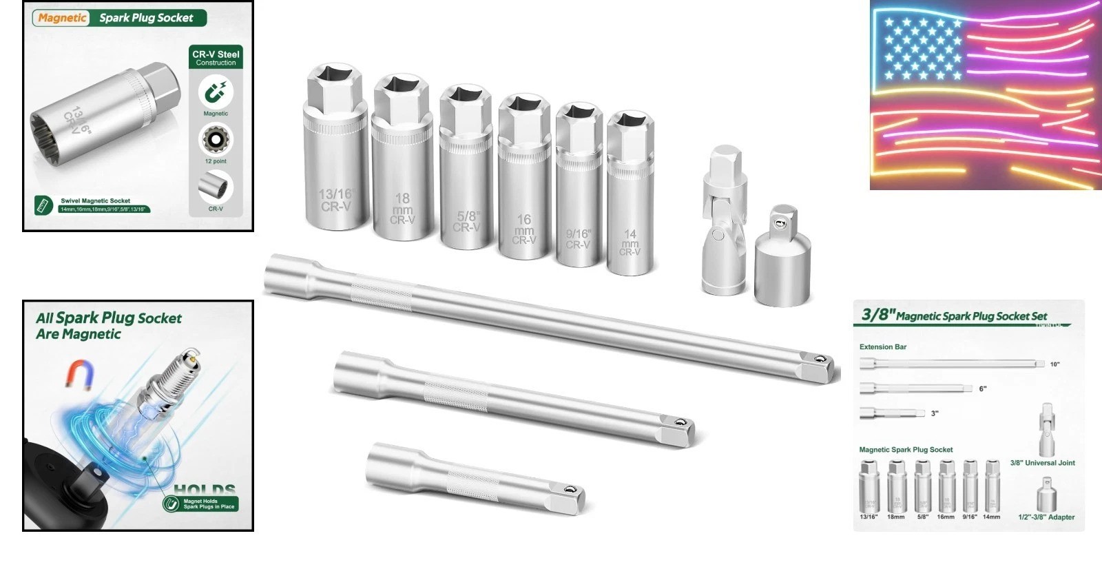 3/8 Inch Drive Spark Plug Socket Set, 12 Point, 11Pcs SAE & Metric Sizes 14mm..,