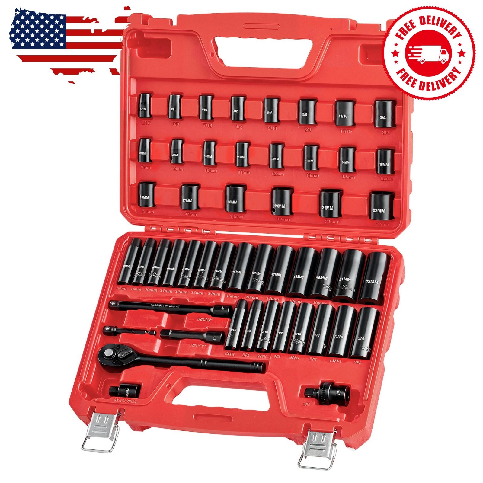 3/8 Inch Drive Impact Socket Set, 50 Pieces, 6-Point Deep & Shallow Sockets,…