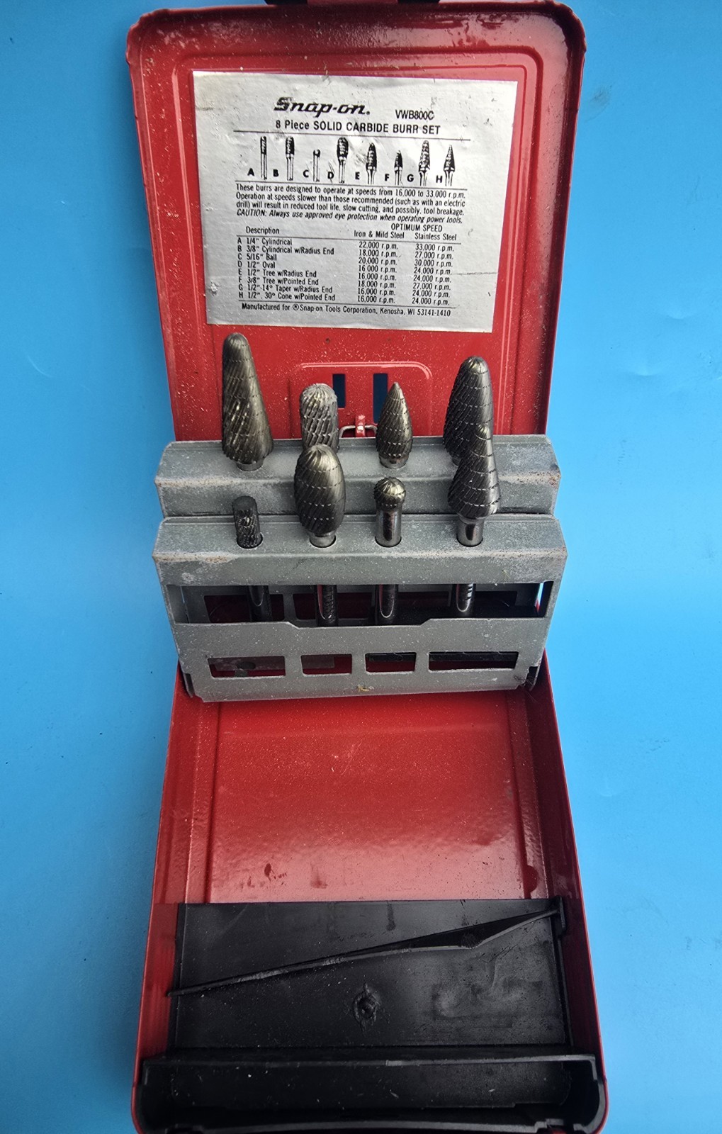 Snap-on. VWB80OC 8 Piece SOLID CARBIDE BURR SET Used Very Good Condition