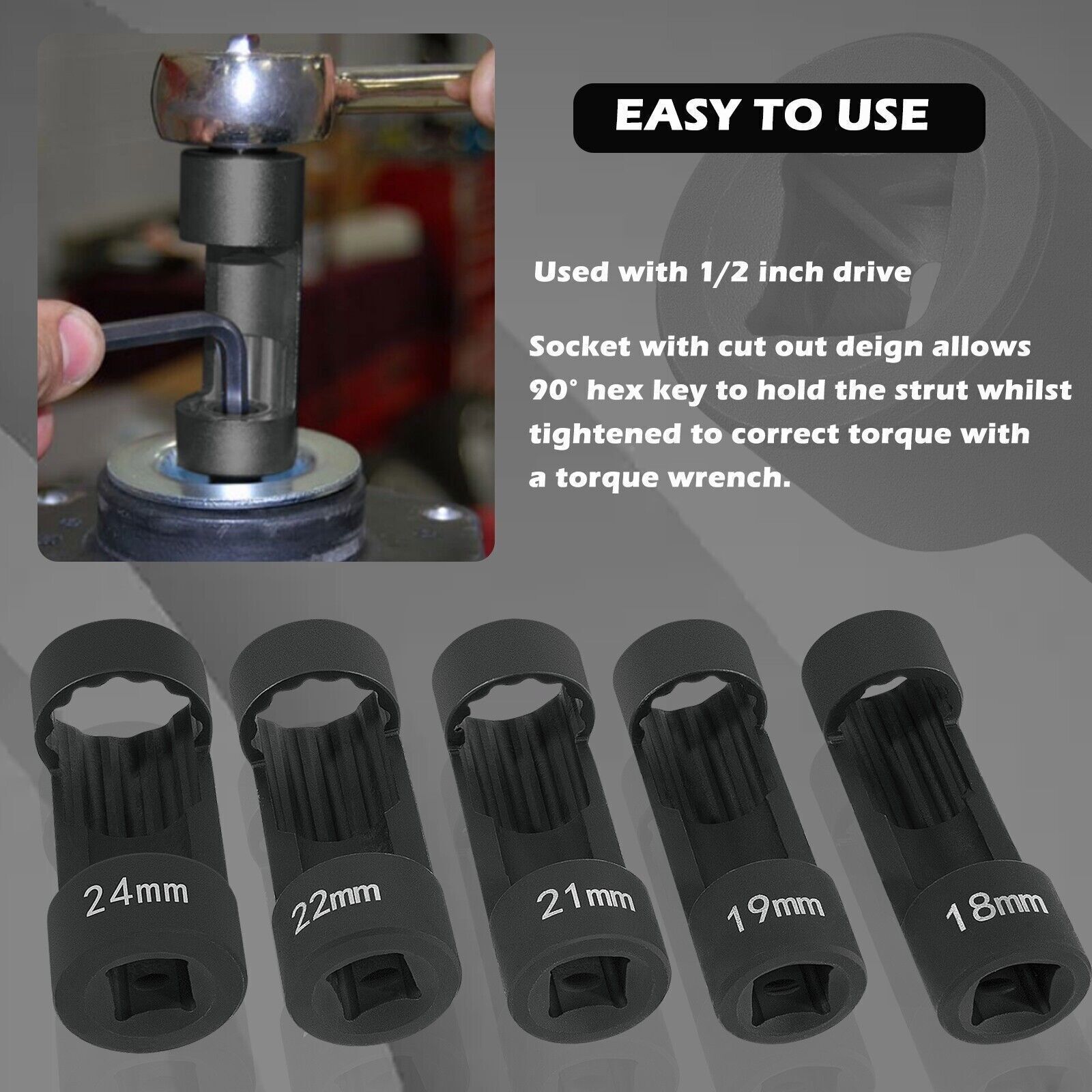 5Pcs Easy Remove Strut Nut Socket Tools Kit with 12 Point 1/2inch Square Drive