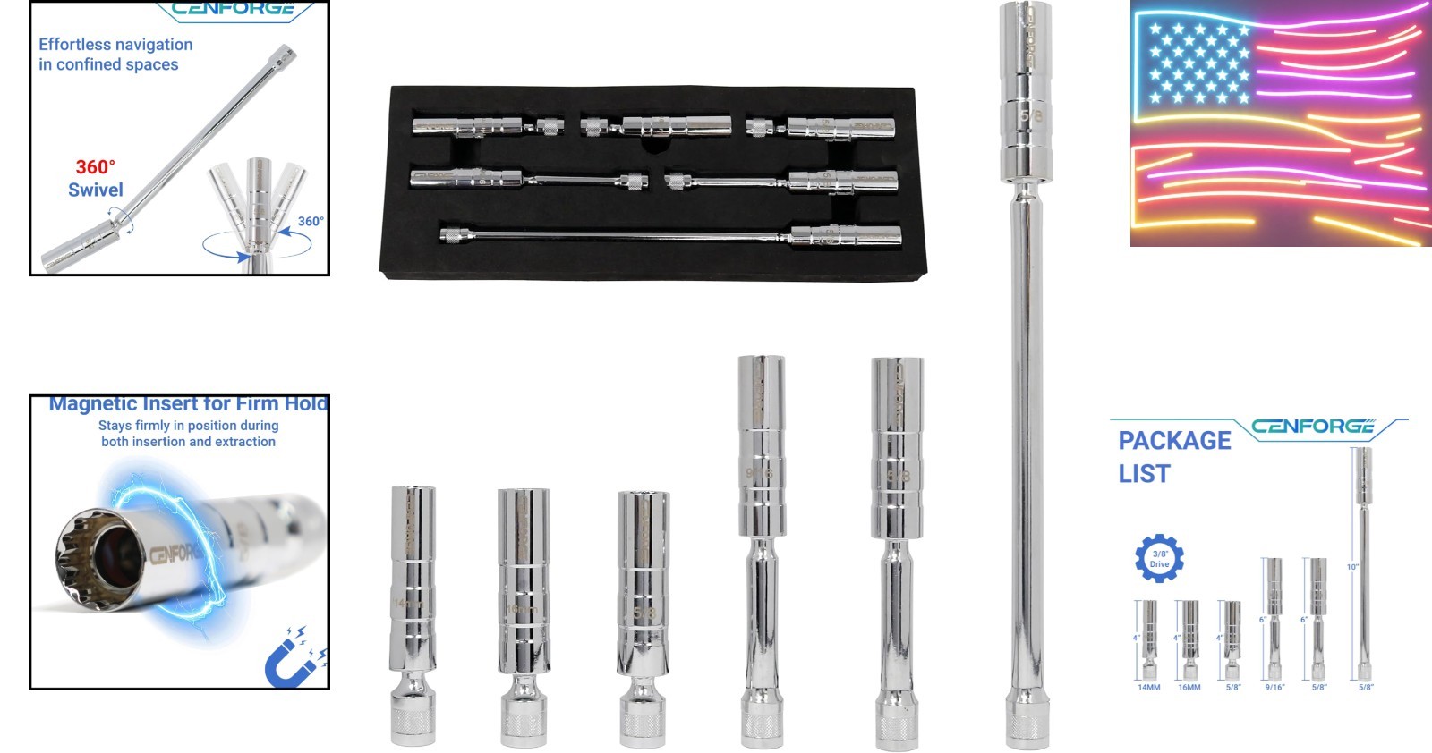 Cenfoge 6-PC Magnetic Swivel Spark Plug Socket Set – 9/16in & 5/8in