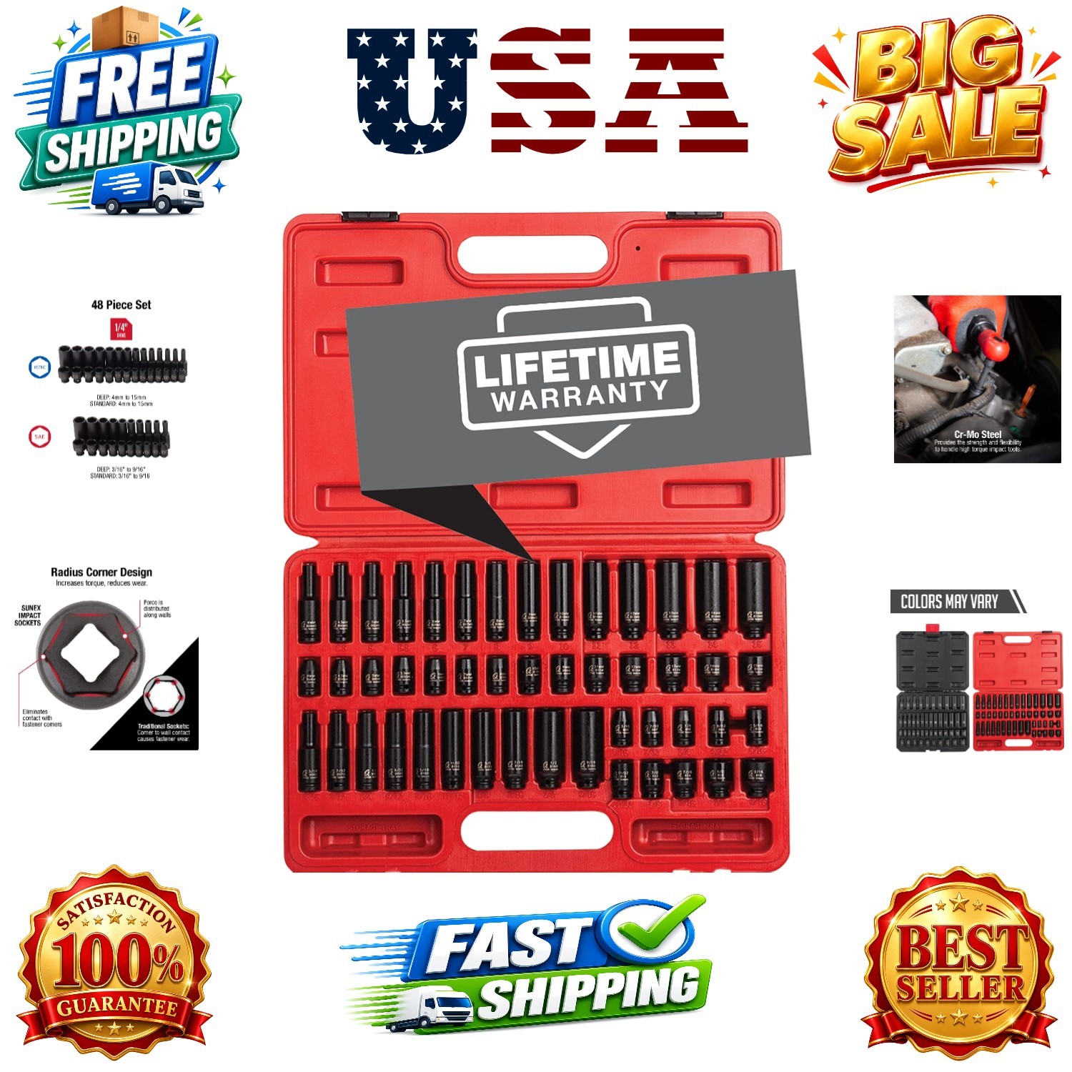 1848, 1/4 Inch Drive Master Impact Socket Set, 48-Piece, SAE/Metric, 3/16 Inc…