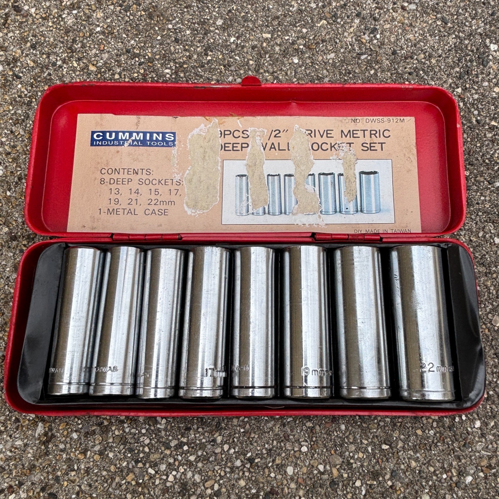 Cummins 8-Deep Wall 1/2″ Sockets 13, 14, 15, 17, 19, 21, 22mm Red Metal Case