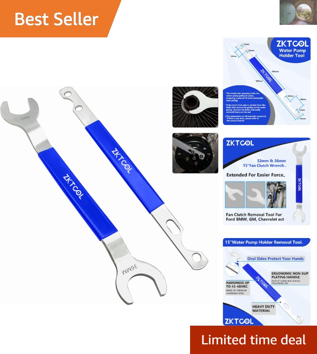 C-Shaped 32mm & 36mm Fan Clutch Wrench Set – Water Pump Holder Tool Included