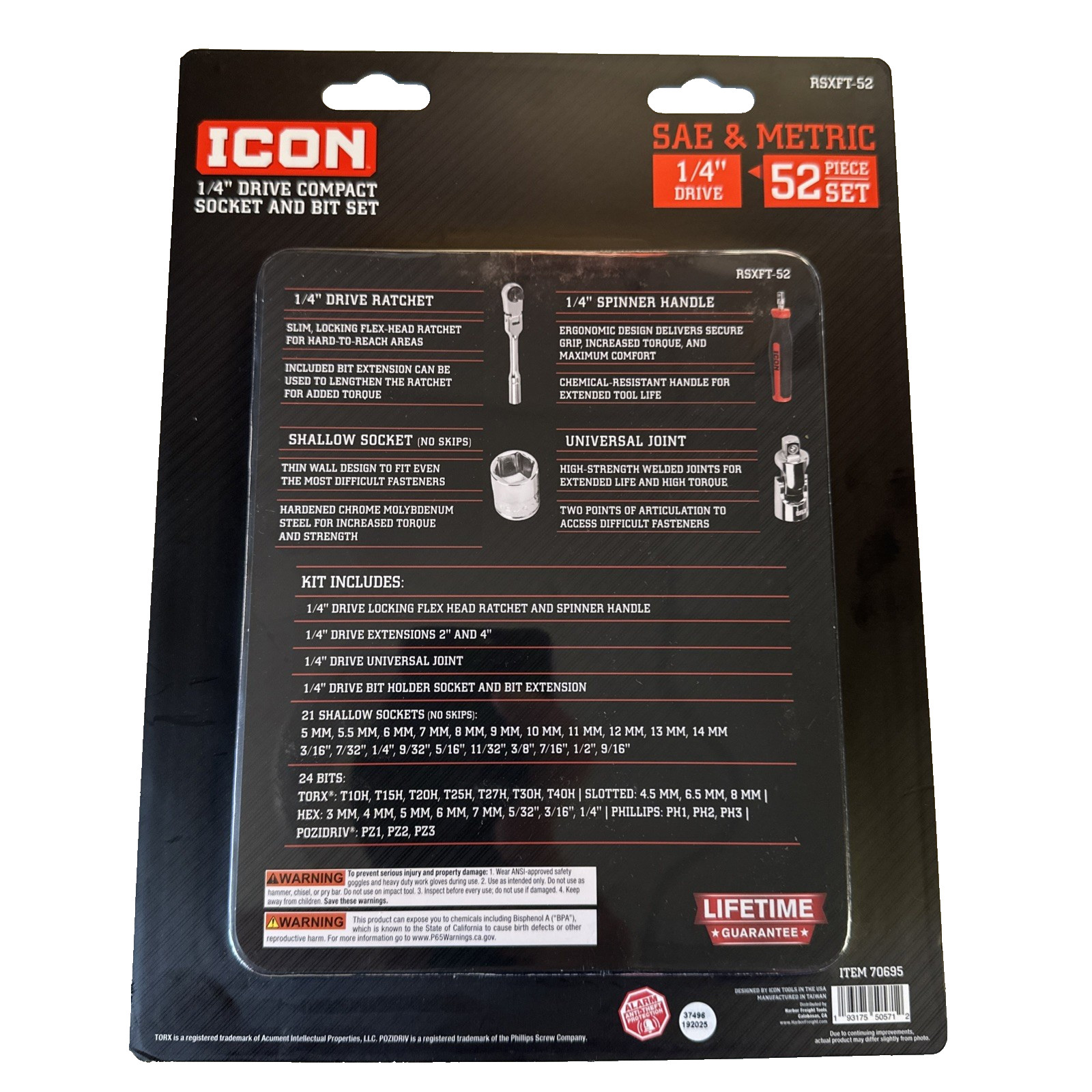 ICON 1/4 in. Drive Compact Socket and Bit Set, 52-Pc, 70695, Lifetime Warranty