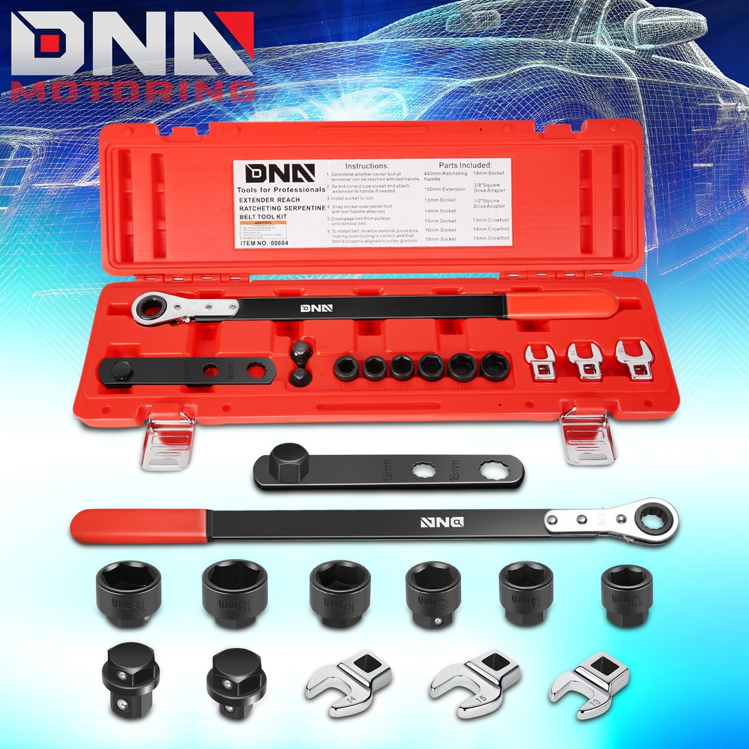 Ratcheting Serpentine Belt Removal & Installation Kit Tensioner Wrench Set 13Pcs