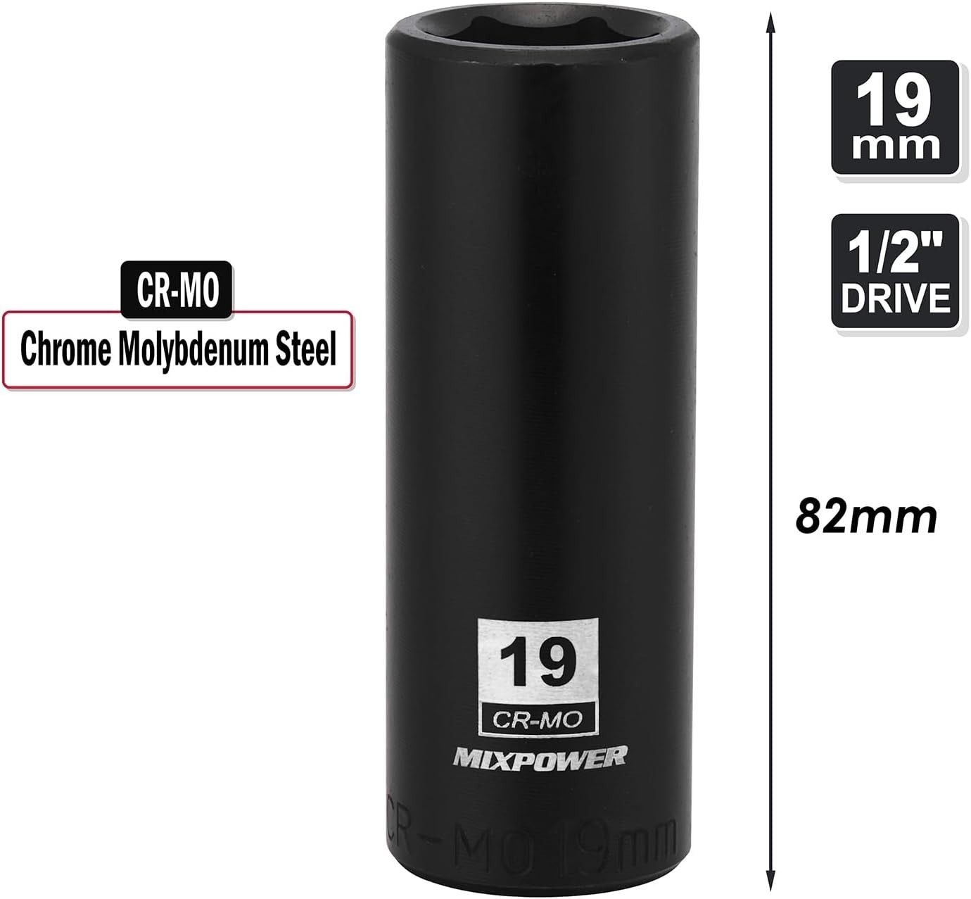 19mm 6-Point Deep Impact Socket – 1/2 Inch Drive, Impact Grade Strength