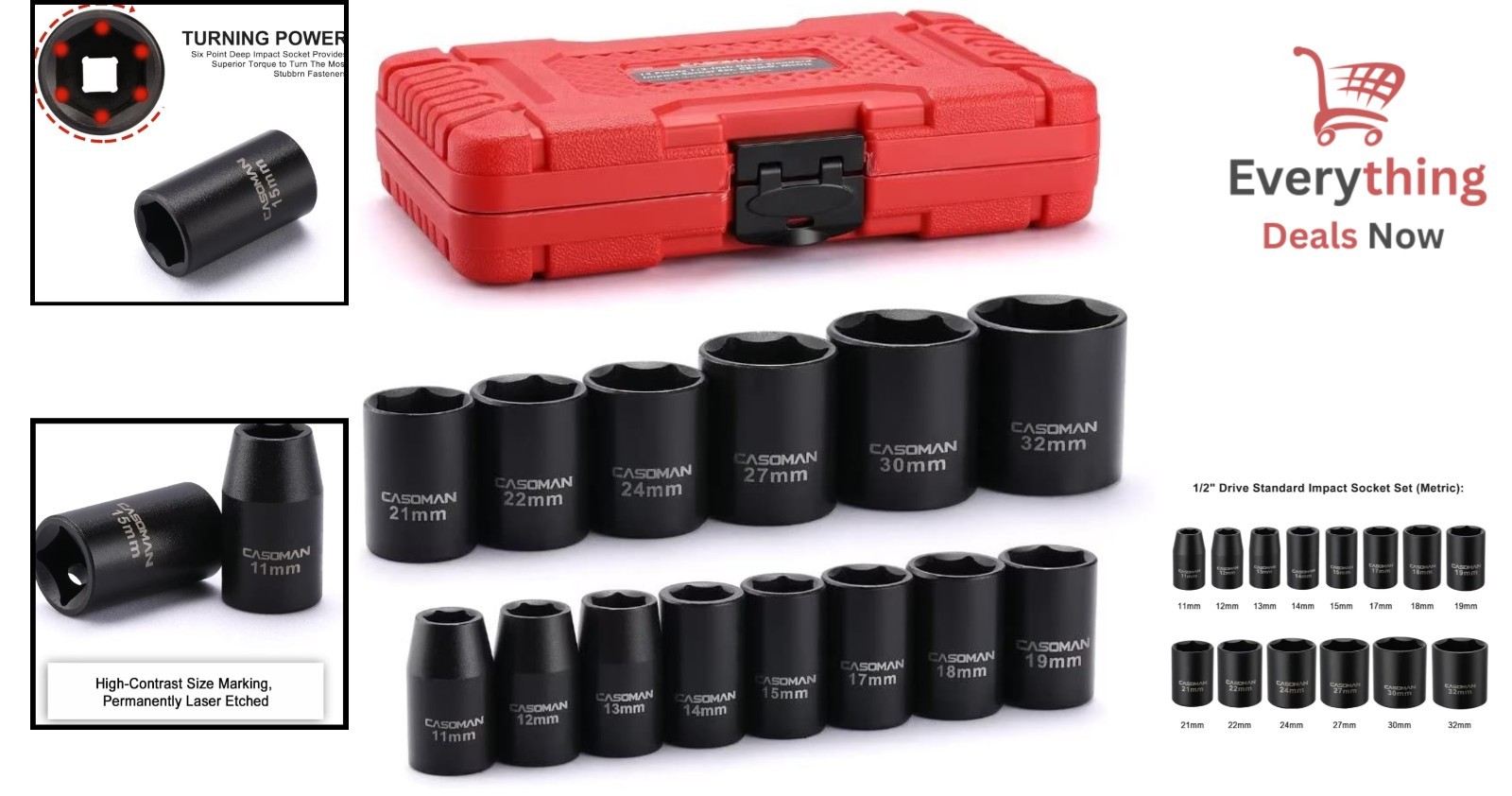 14 Piece 1/2″ Drive Shallow Impact Sockets Metric Set 6-Pt 11mm to 32mm Sockets