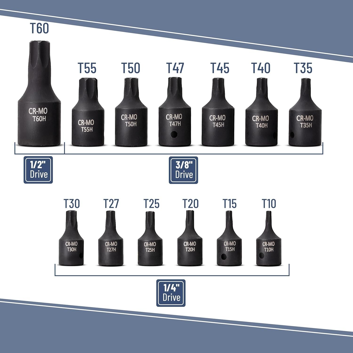 Versatile Bates Torx Bit Set, 13 Pieces, T10-T60, Compatible with All Drives