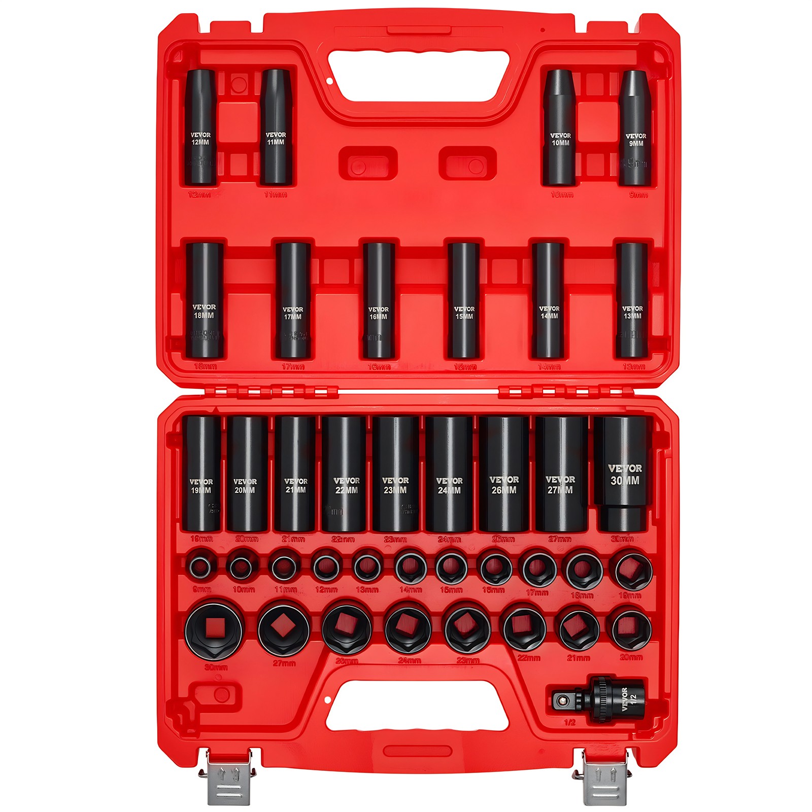 VEVOR 1/2 in Drive Impact Socket Set 39 Pcs Deep Shallow Sockets Metric 9-30 mm