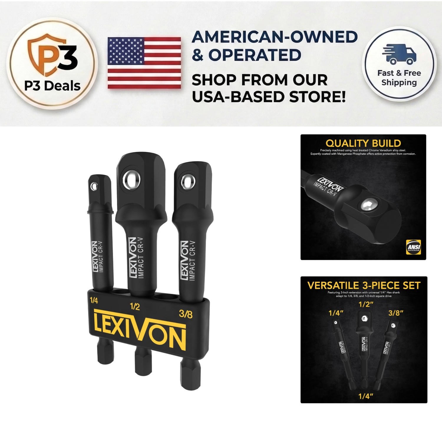 Versatile 3-Piece Socket Adapter Set for Drill & Impact Driver Compatibility