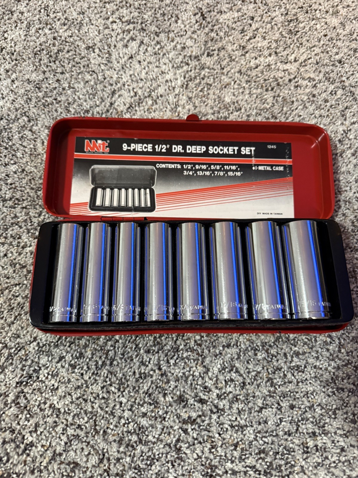 Vintage MIT Michigan Industrial Tools 9-Piece 1/2” Dr. Deep Socket Set #1245
