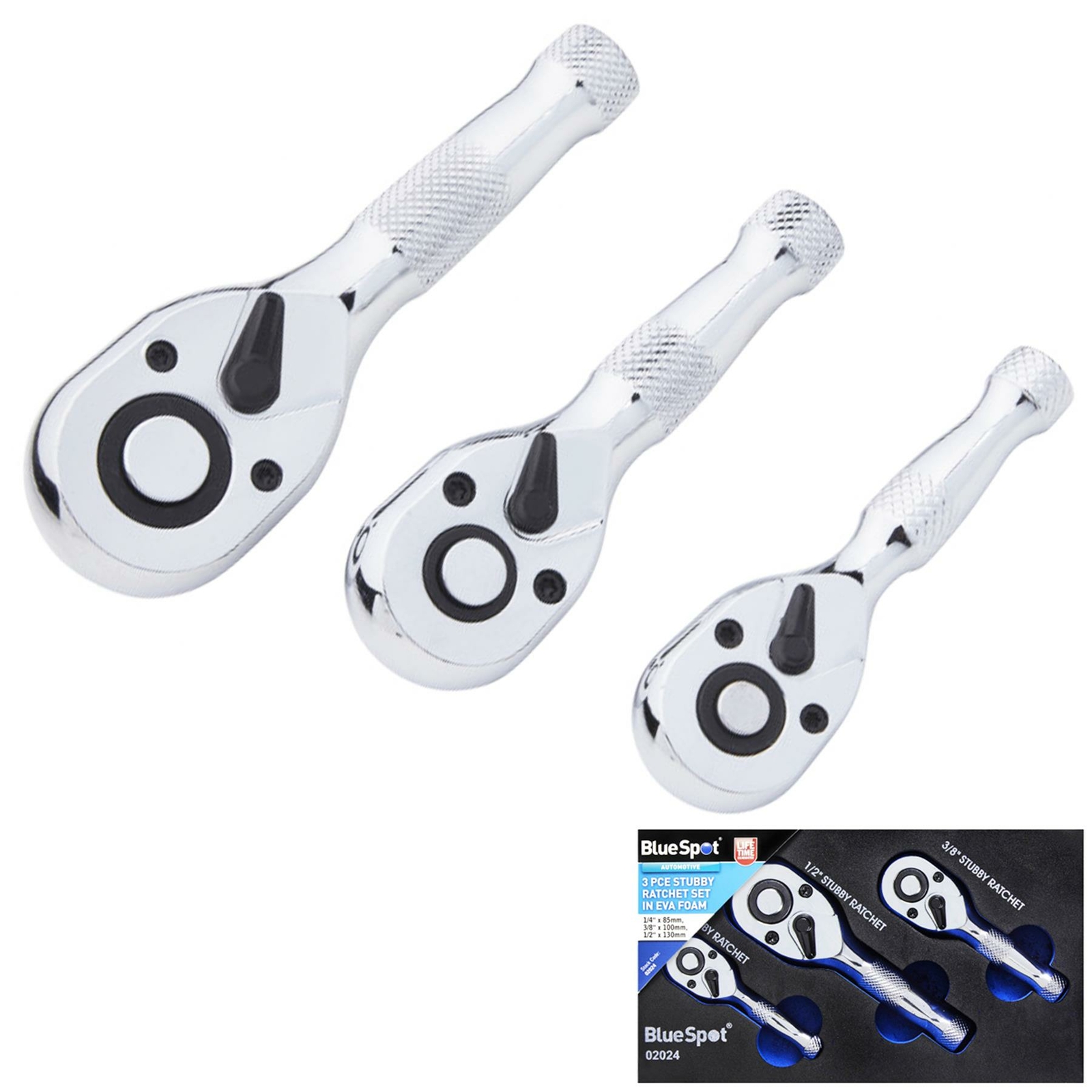 BlueSpot 3Pcs Stubby Ratchet Handle Set 1/4″ 3/8″ 1/2″ Short Socket Wrenches