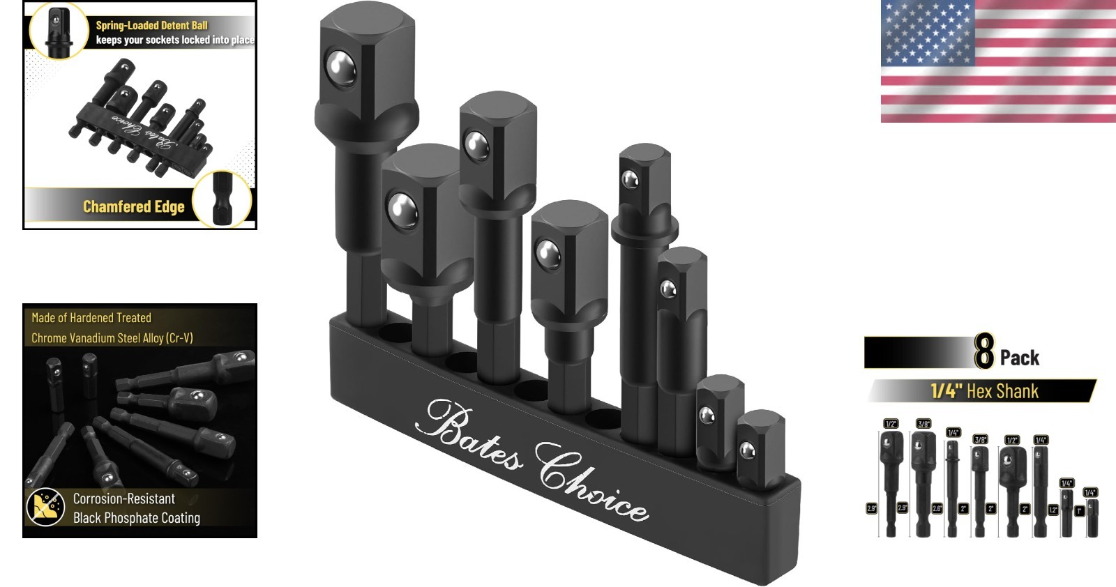Bates 8-Piece Impact Grade Socket Adapter Set – Chrome Vanadium Steel Excellence