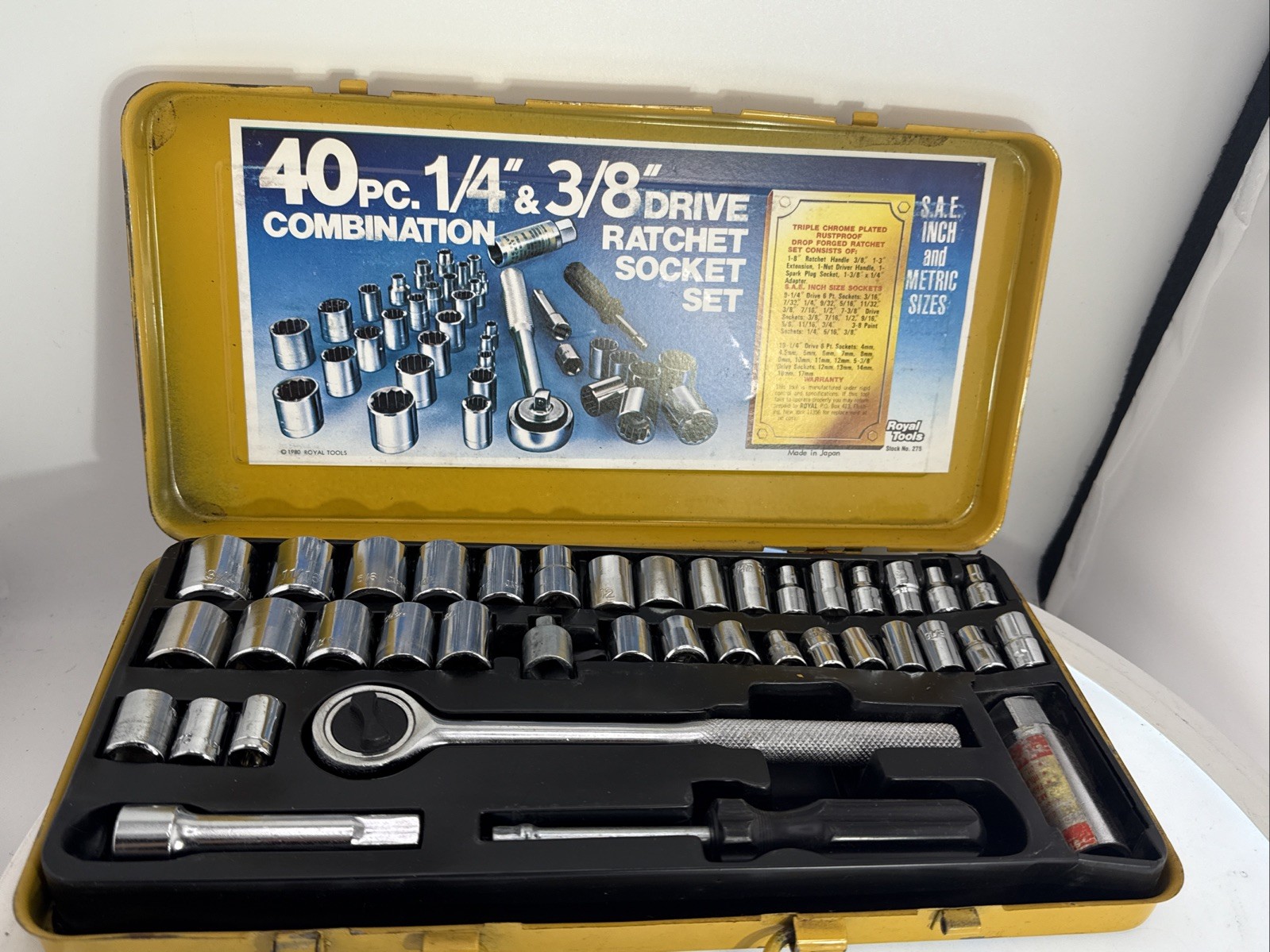 Vtg Royal Tools 40 Piece SAE & Metric Ratchet Socket Tool Set No. 275 Japan