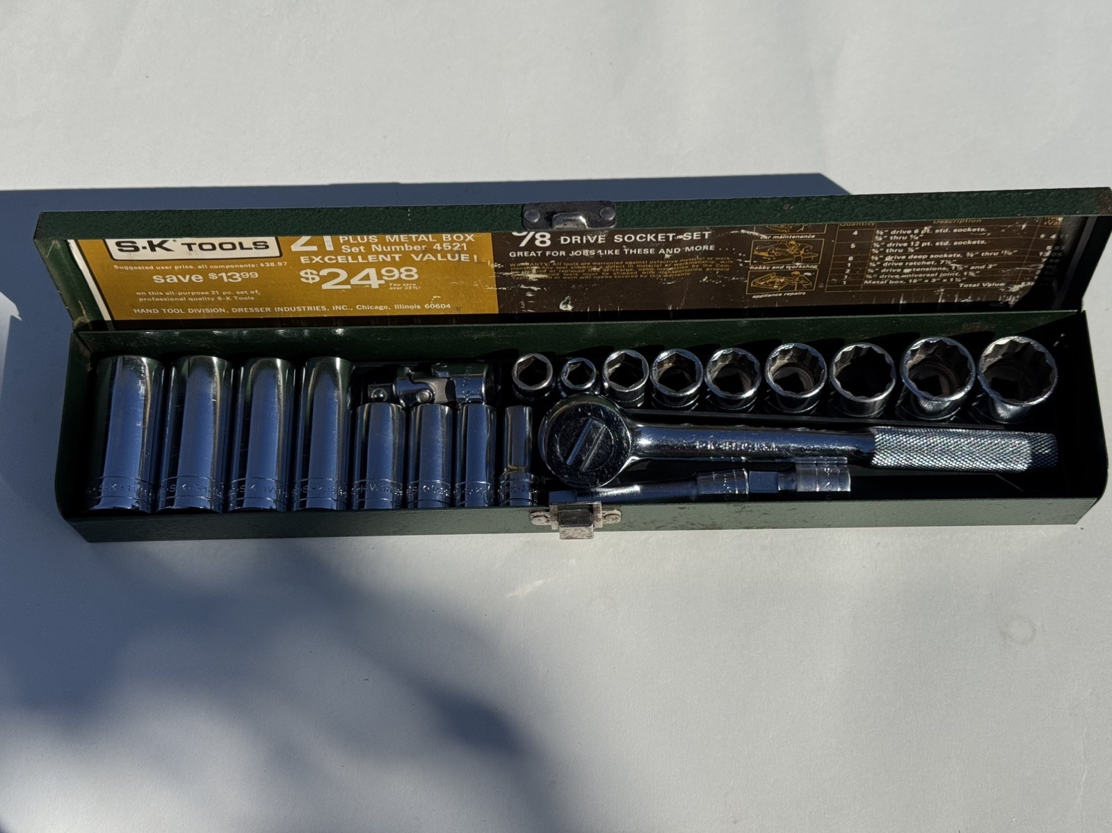 Vintage S-K / S-K Wayne 3/8 Drive Ratchet Socket Set #4521 SAE USA Complete 21pc