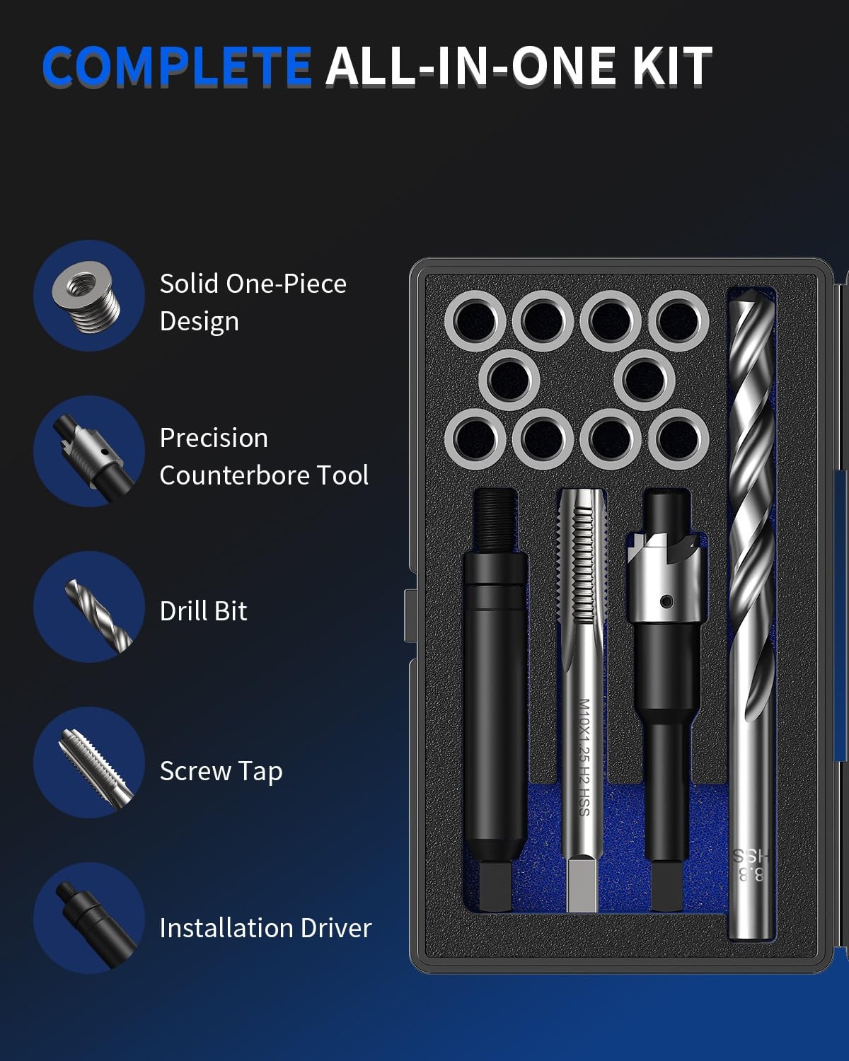 M8 x 1.25 Metric Thread Repair Kit, with HSS Drill Bit, Tap, Counterbore & Insta