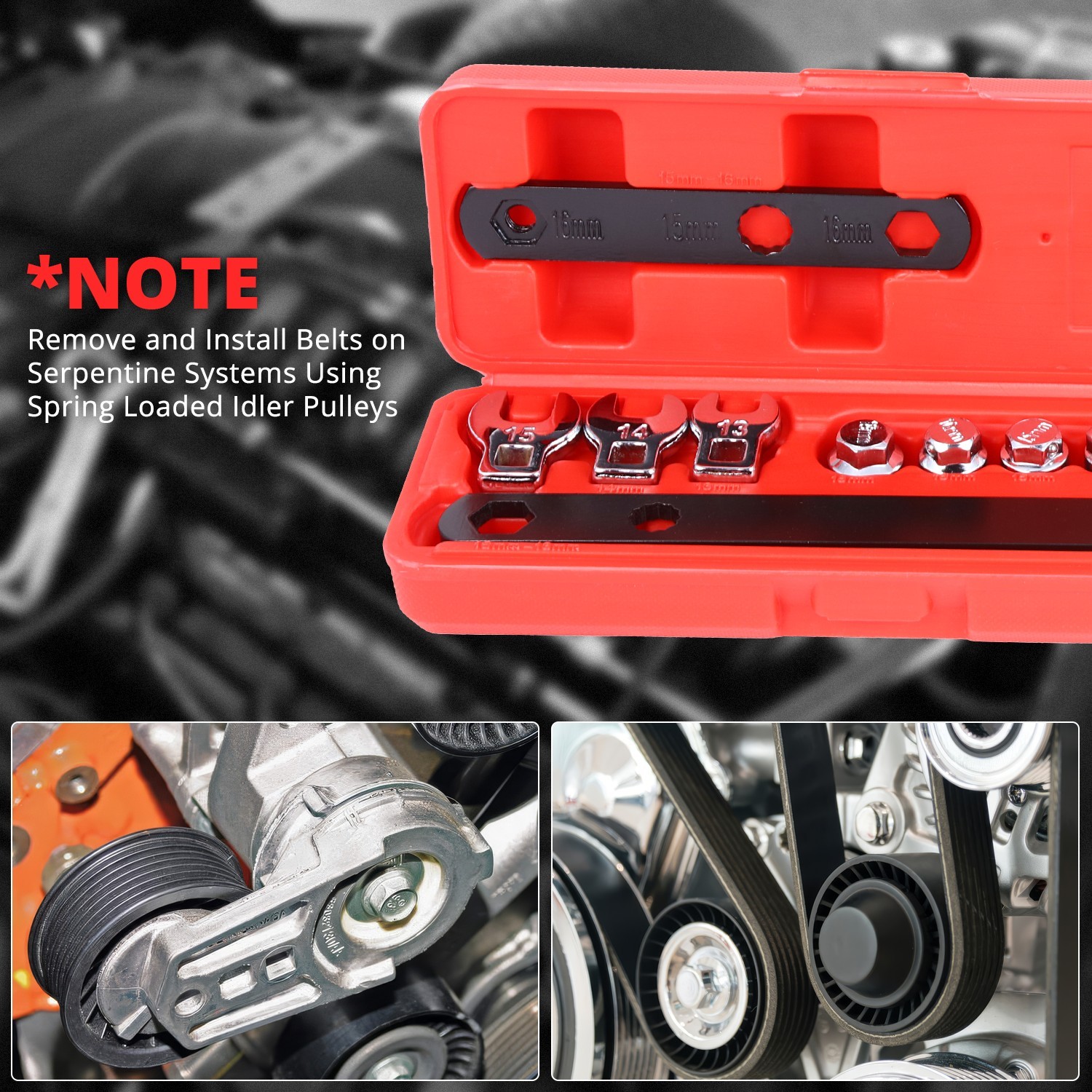 [16Pcs] 3/8″ Pulley Wrench Installation Removal Serpentine Belt Tool Set w/ Case