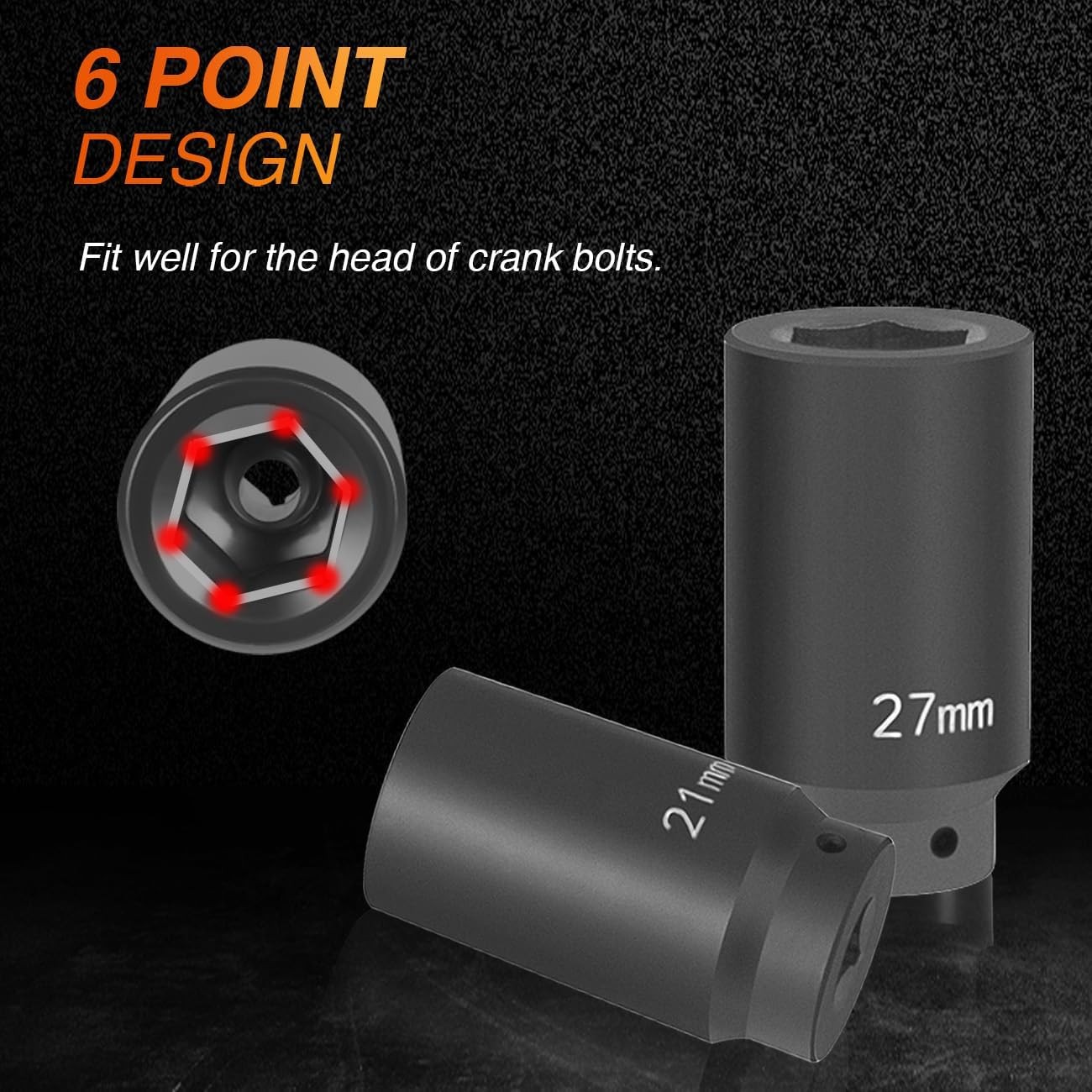 6 Pack 1/2 Drive Crank Bolt Socket Set 17mm 19mm 21mm 22mm 24mm 27mm Harmonic