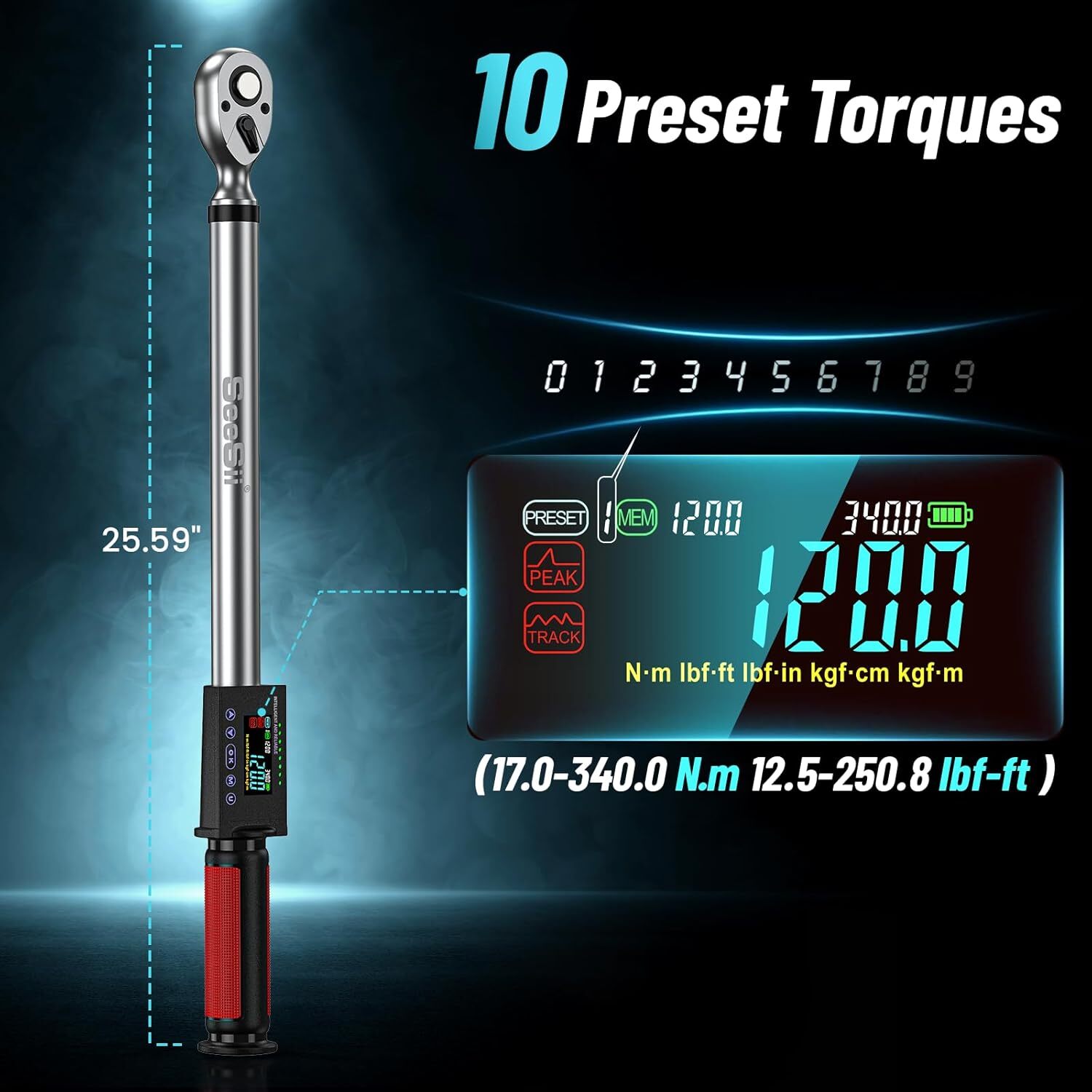 Seesii Electric Digital Torque Wrench 1/2″ (12.5-250.8ft-lbs/17-340N.m) Buzzer