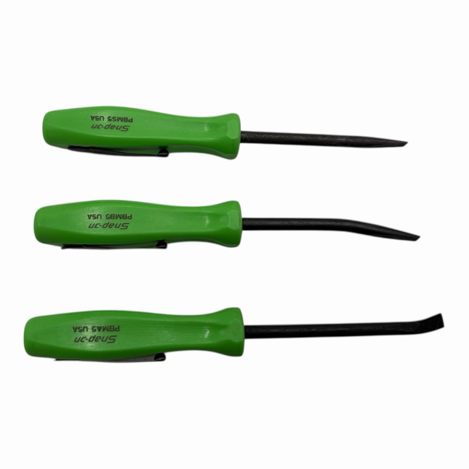 Snap On Tools Mini Pocket Pry Bar Set 3 piece Green 5 inch Straight Bent 90