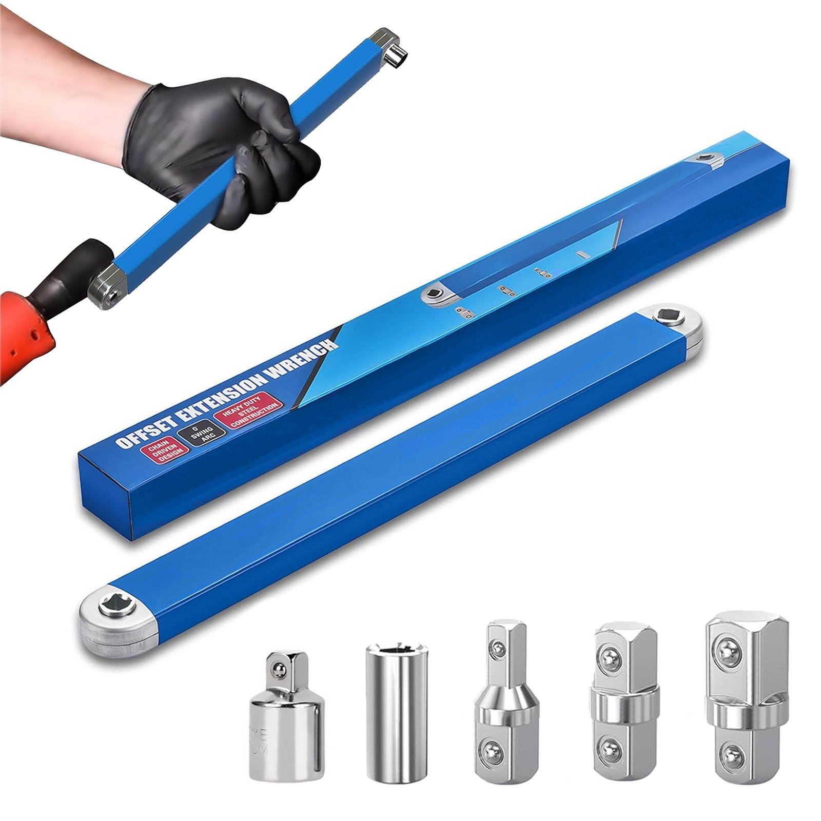 Offset Extension Wrench Set, 15.4″ Tight Reach Tool with 1/2″, 1/4″, 3/8″ Adapte