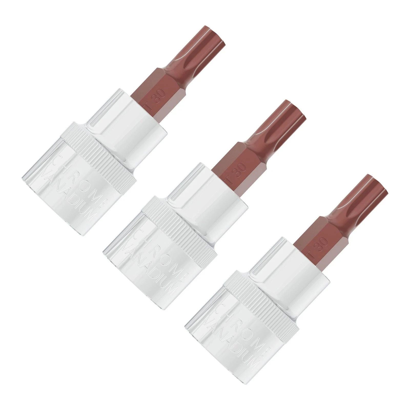 FOCMKEAS 3PCS 3/8″ Drive T30 Torx Bit Socket, S2 Steel T30, Silver, Dark Red