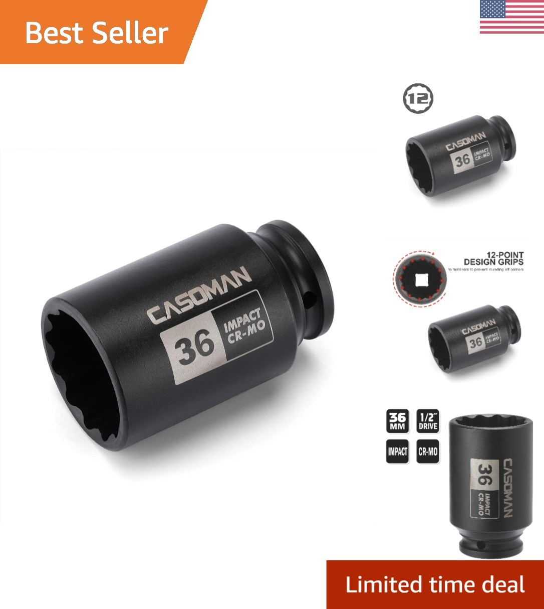 1/2-Inch Drive 36mm Deep Impact Socket – High Torque, Corrosion-Resistant Steel
