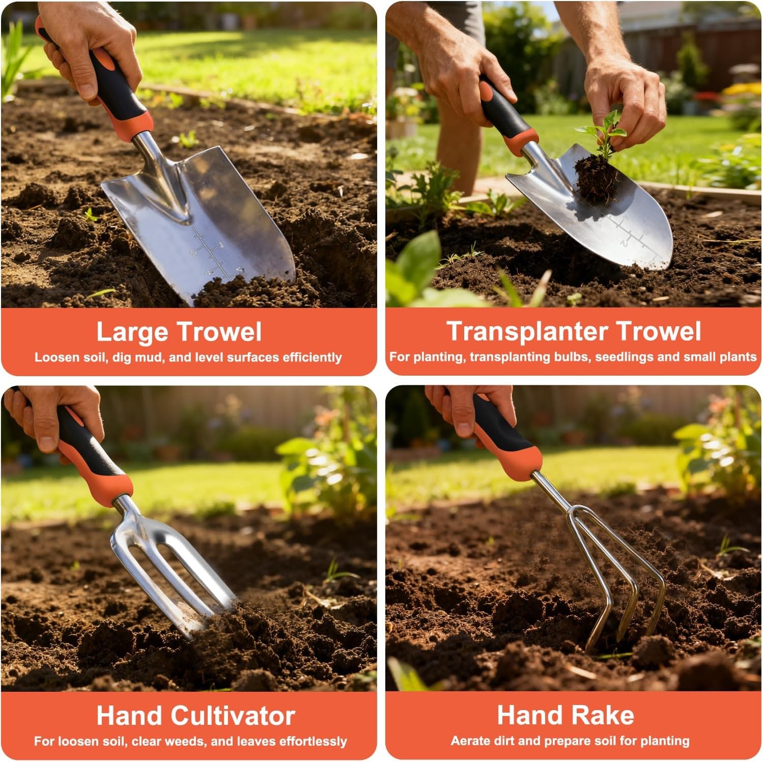 7-Piece Garden Tool Set Gardening Tools Non-Slip Ergonomic Handle Black Orange