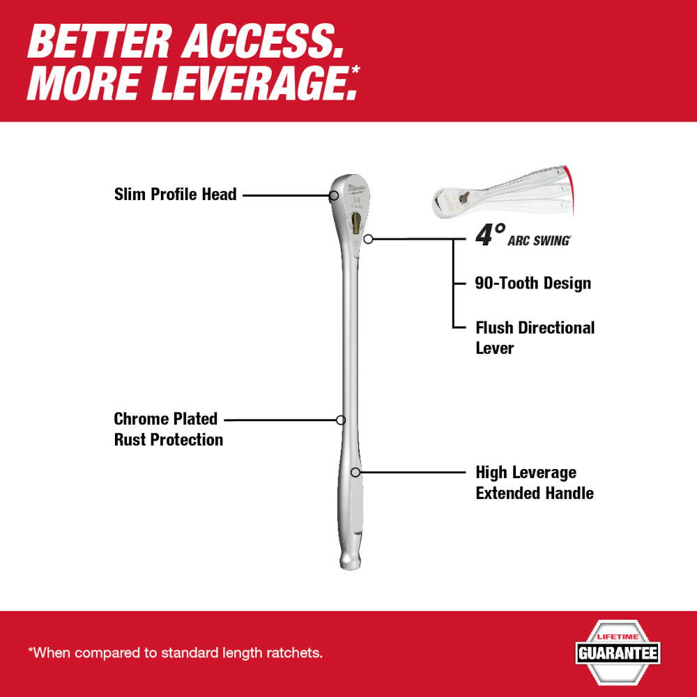 Milwaukee 48-22-9037 3/8″ Dr. 12in. Extended Ratchet w/ 4 Arc Swing