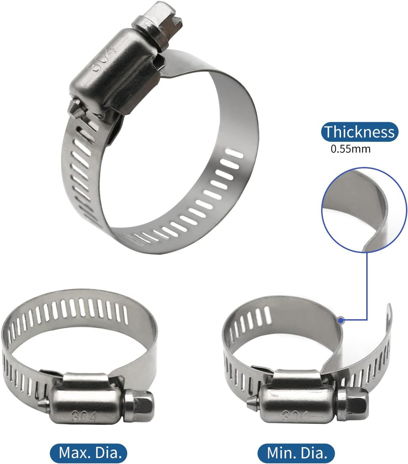 10 Pack Stainless Steel Hose Clamps 1-1/2 to 2-1/2 Inch Worm Gear Pipe Fuel Line