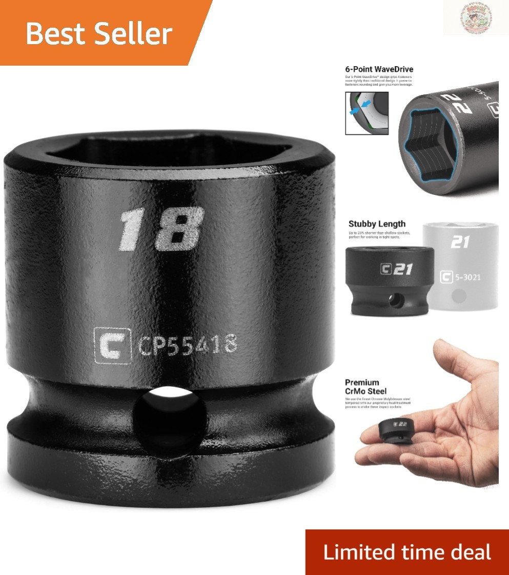Corrosion-Resistant 18 mm Stubby Impact Socket, 1/2 in. Drive for Tight Spaces