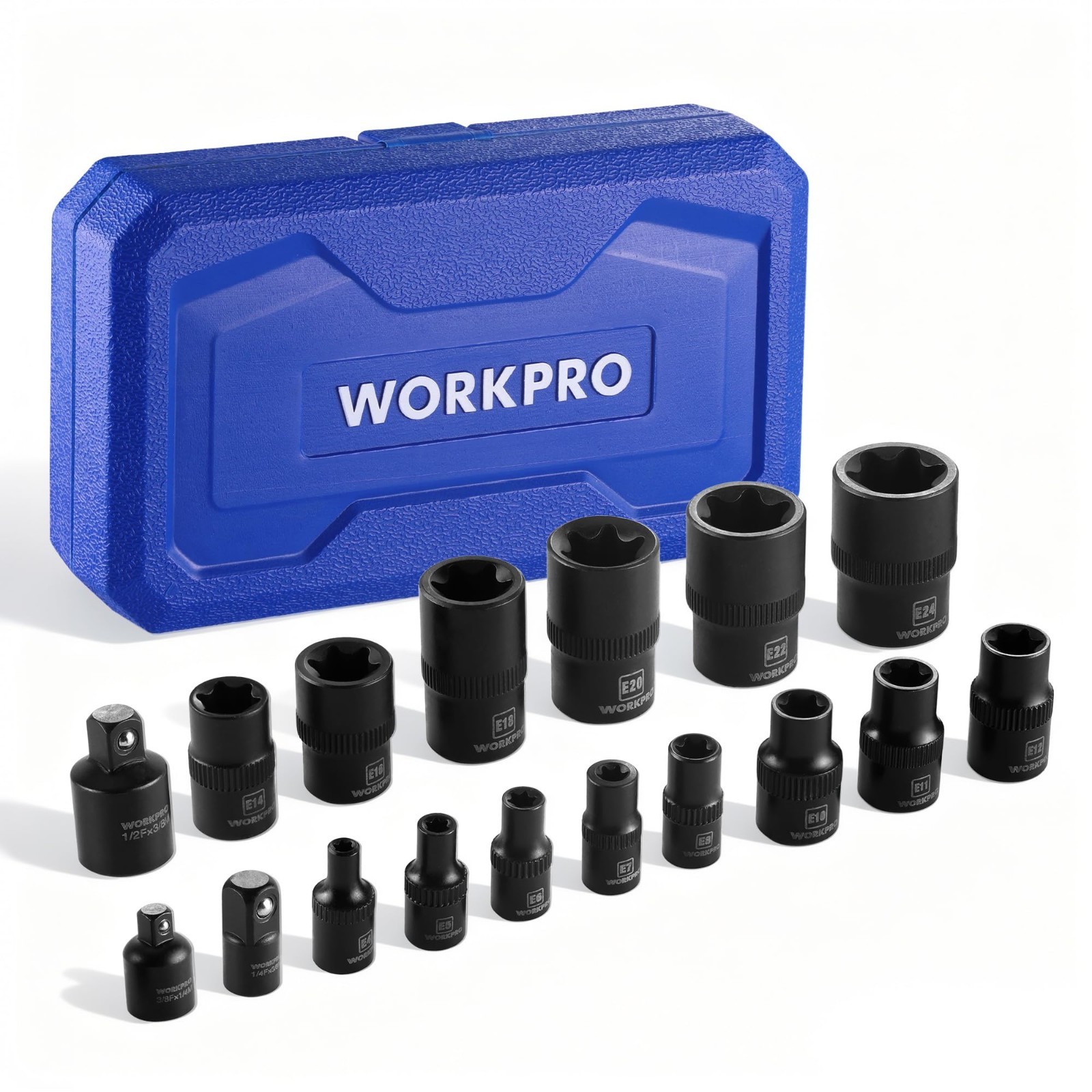 17 PCS Female E-Torx Socket Set E4-E24, CR-V Steel, 1/4″ 3/8″ 1/2″ Drive, Invert