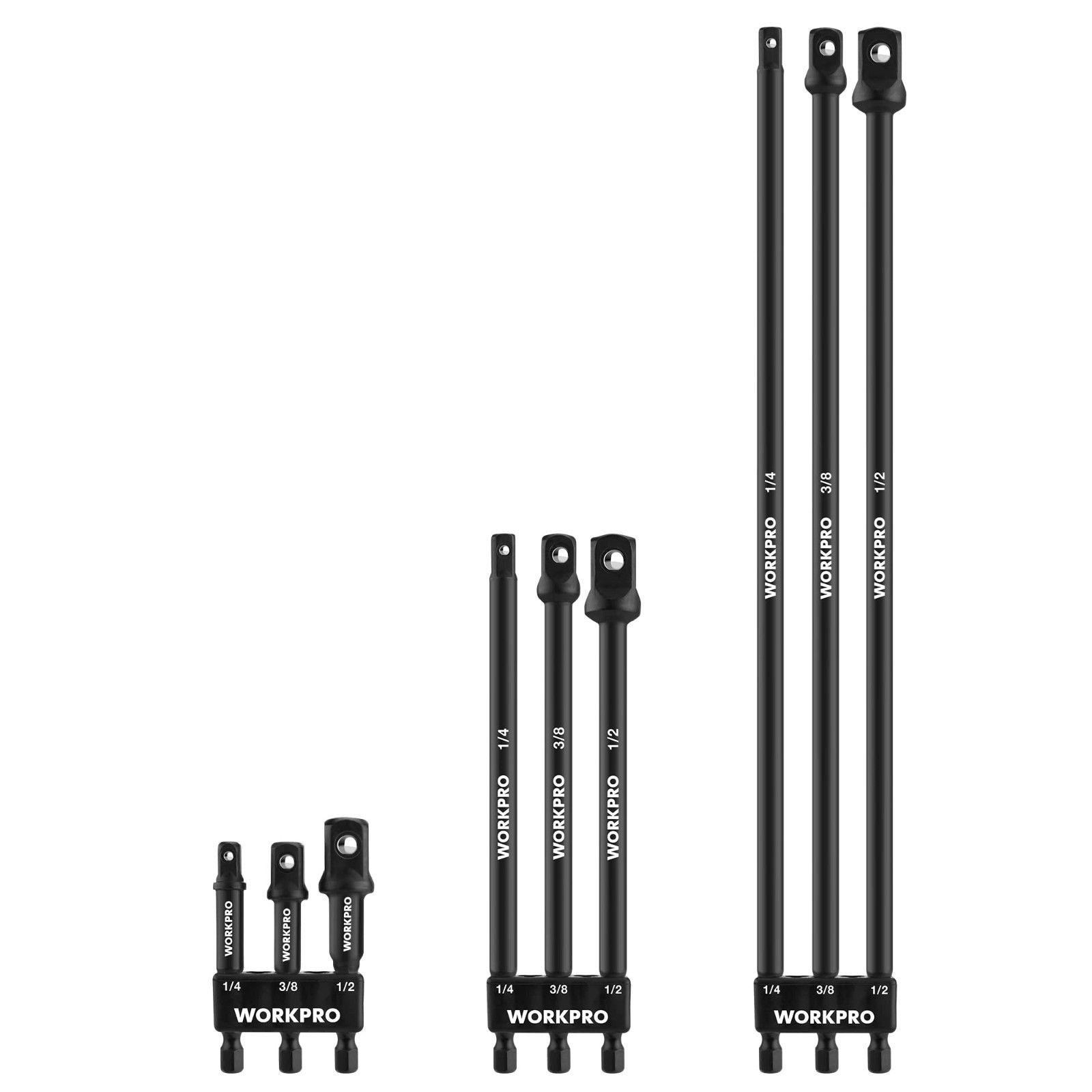 9-Piece Socket Adapter Extension Set – 1/4, 3/8, 1/2-Inch Drive, Hex Shank, Impa